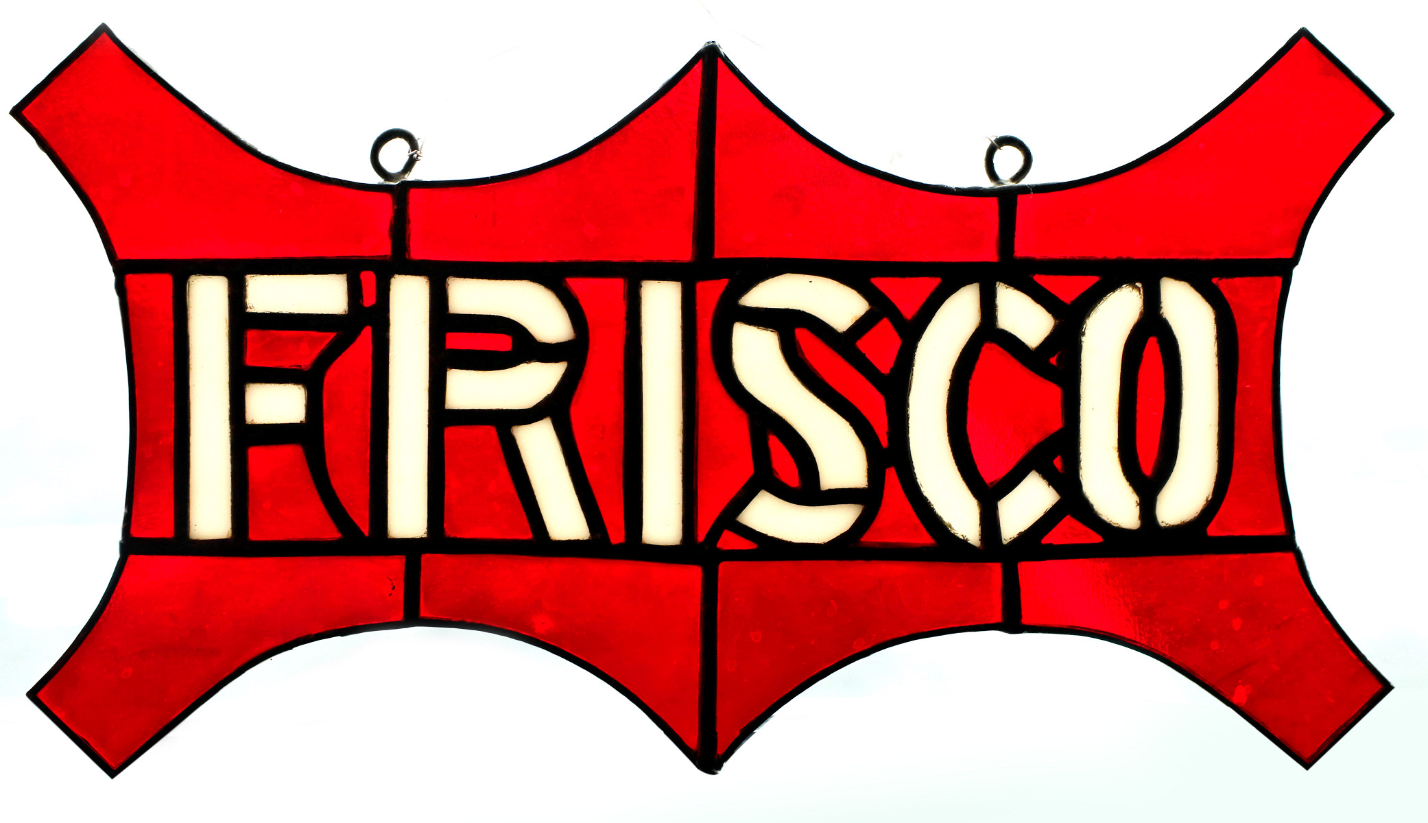 A STAINED AND LEADED GLASS PANEL WITH FRISCO LOGO