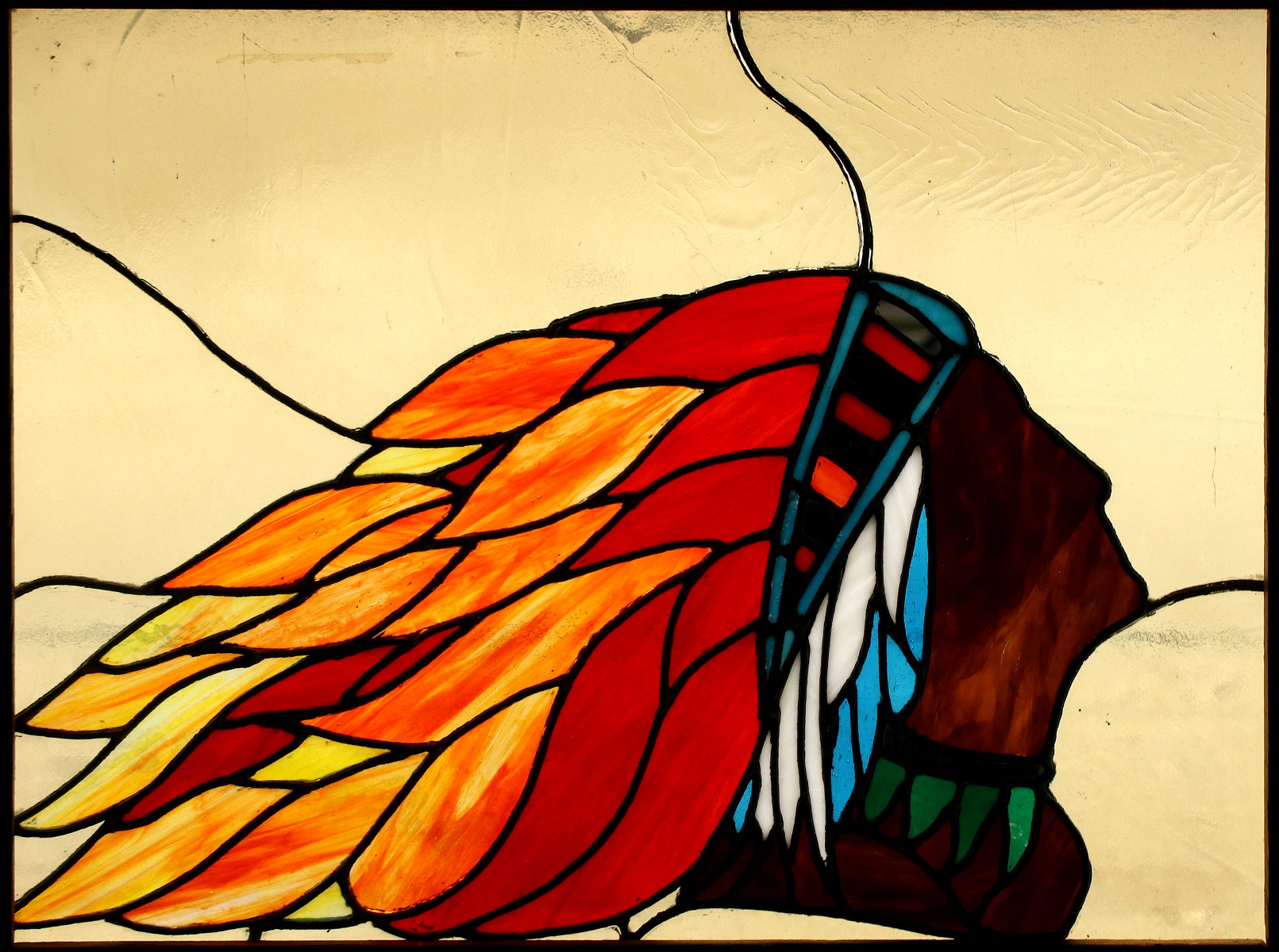 A STAINED AND LEADED GLASS HOMAGE TO INDIAN MOTORCYCLES