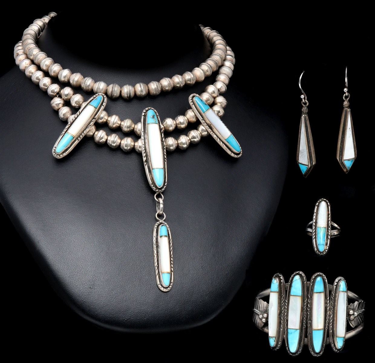 A NATIVE AMERICAN SILVER TURQUOISE, PEARL JEWELRY SUITE