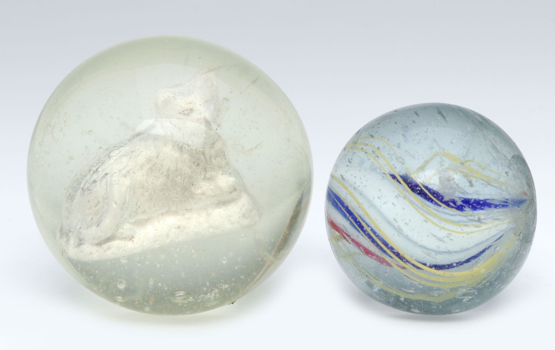 ANTIQUE HAND MADE SULPHIDE CAT AND CORE SWIRL MARBLES