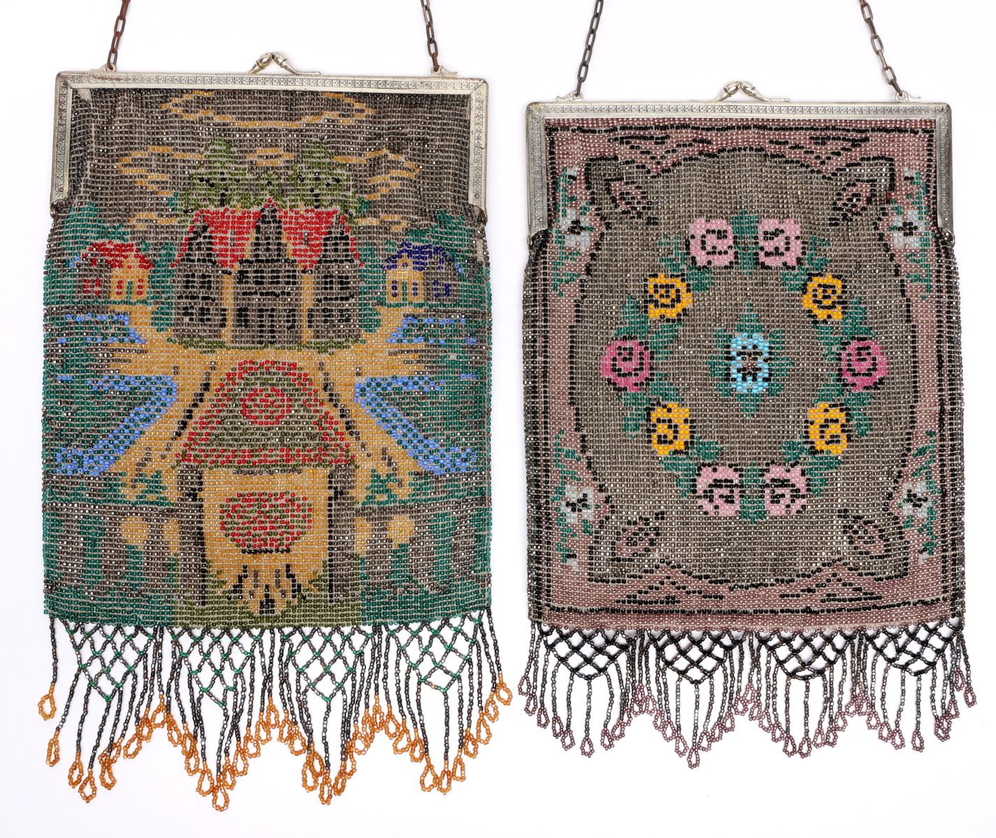 TWO LARGE ANTIQUE GERMAN BEADED HAND BAGS