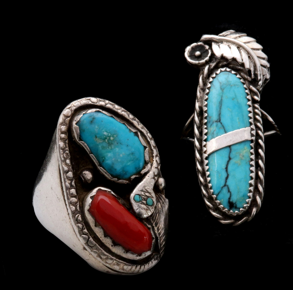 VINTAGE NAVAJO TURQUOISE RINGS AND BOLO TIES