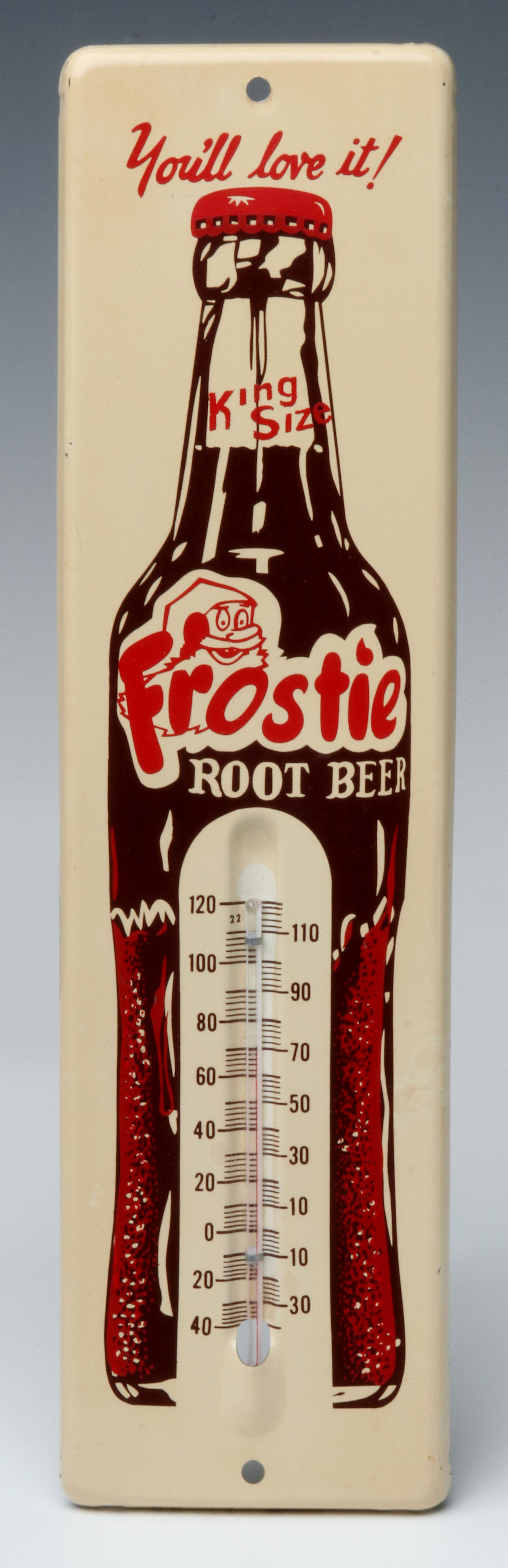 A FROSTIE ROOT BEER TIN ADVERTISING THERMOMETER