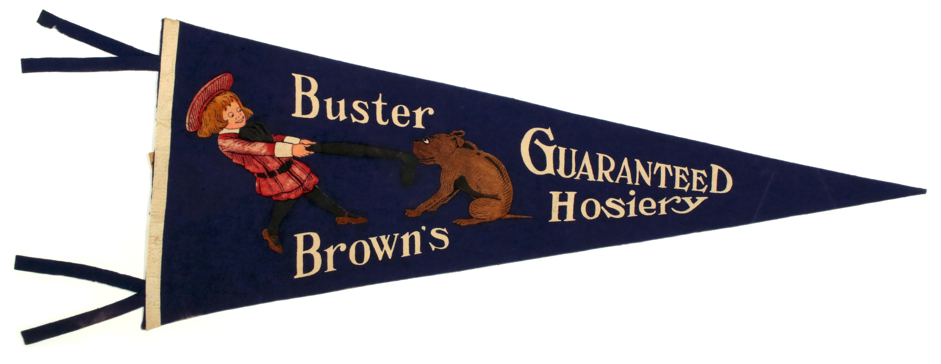 A SHARP PAINTED WOOL PENNANT FOR BUSTER BROWN HOSIERY