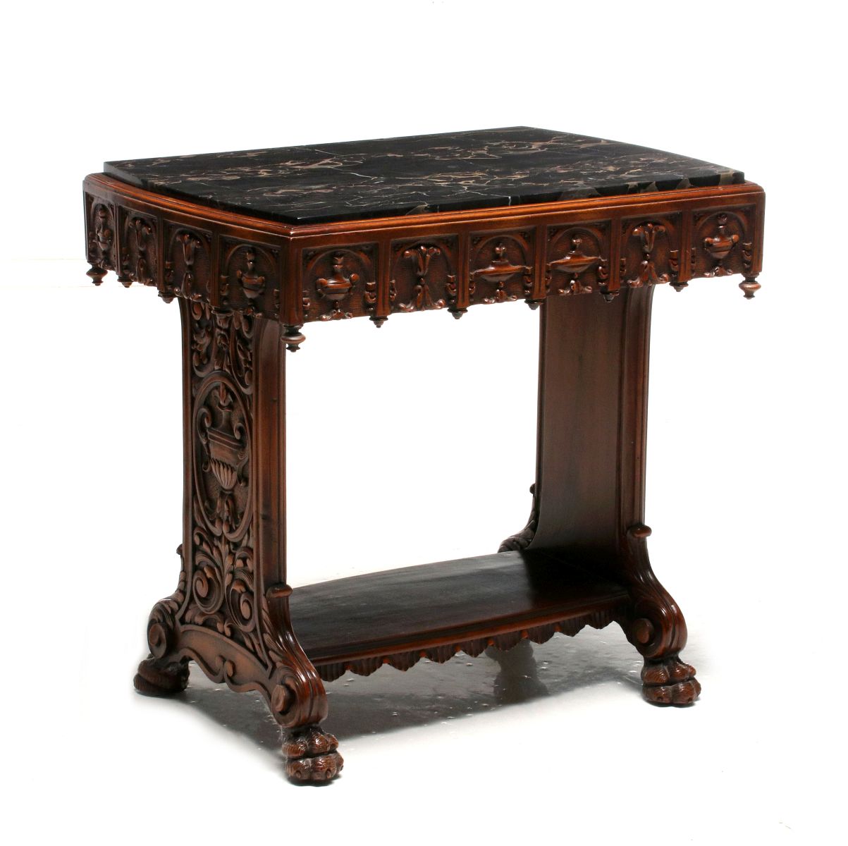 AN EARLY 20TH CENT CARVED SIDE TABLE WITH BLACK MARBLE