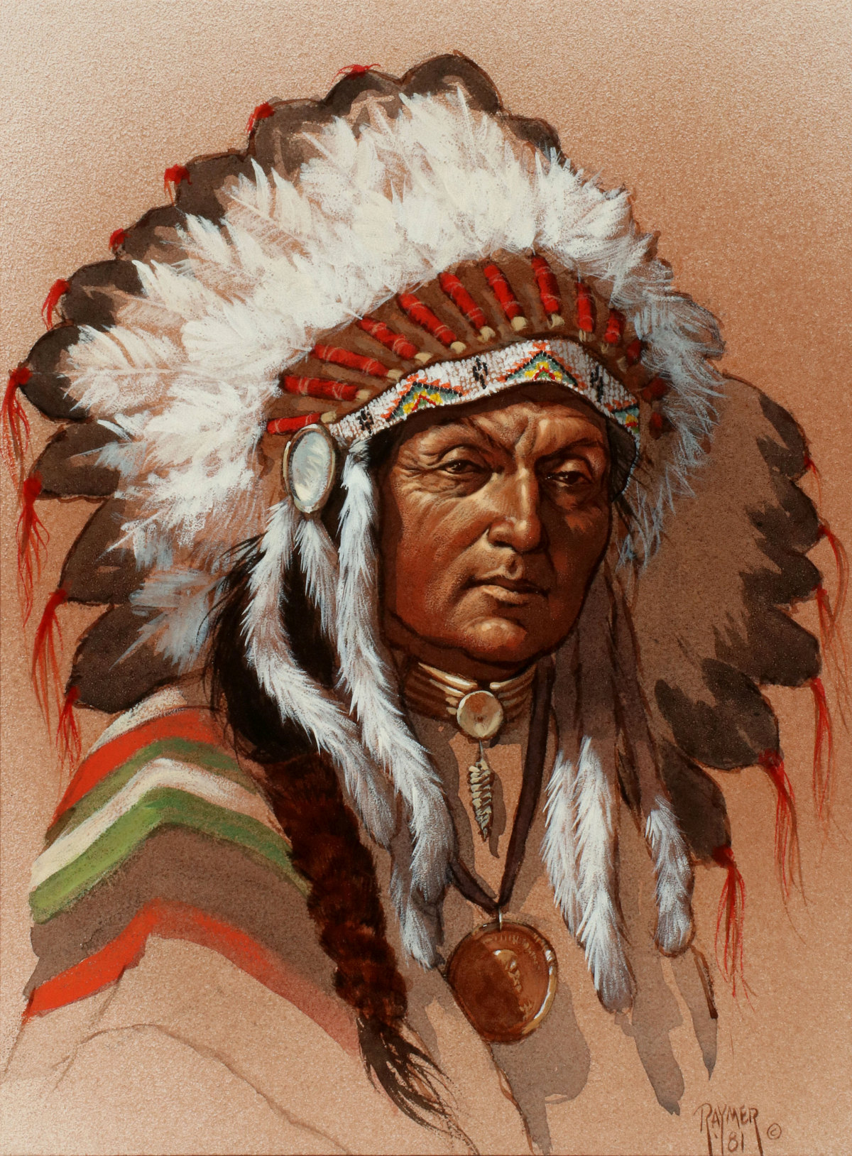 GOUACHE AND WATERCOLOR PORTRAIT OF NATIVE AMERICAN