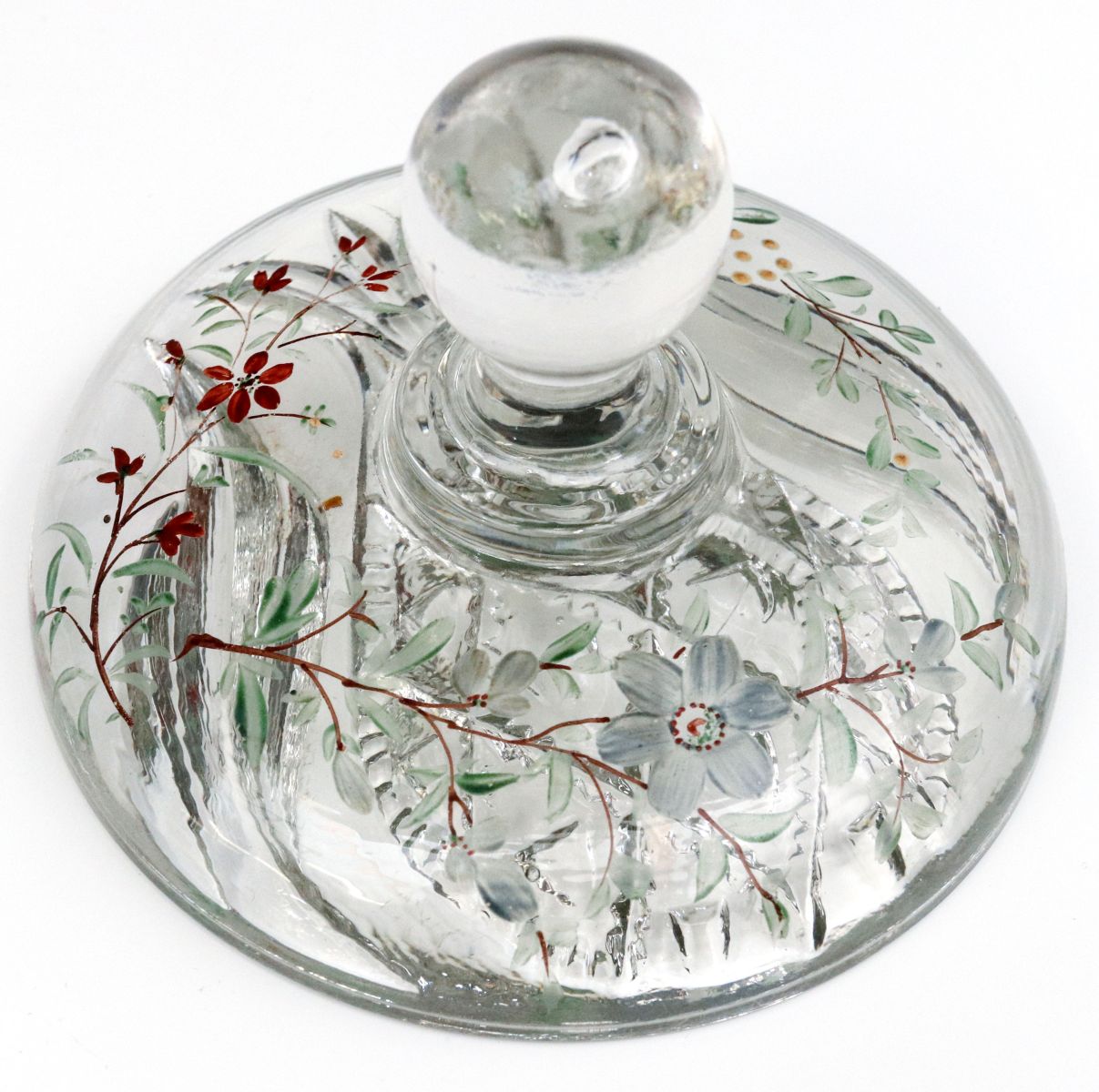 A RARE GLASS BUTTER STAMP WITH PAINTED FLOWERS C. 1880