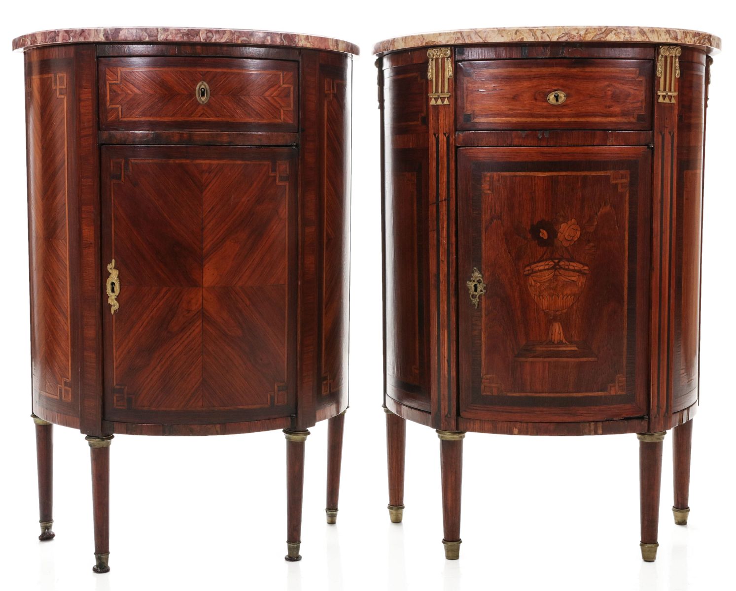 TWO SIMILAR EARLY 20TH CENT DEMI-LUNE FRENCH CABINETS