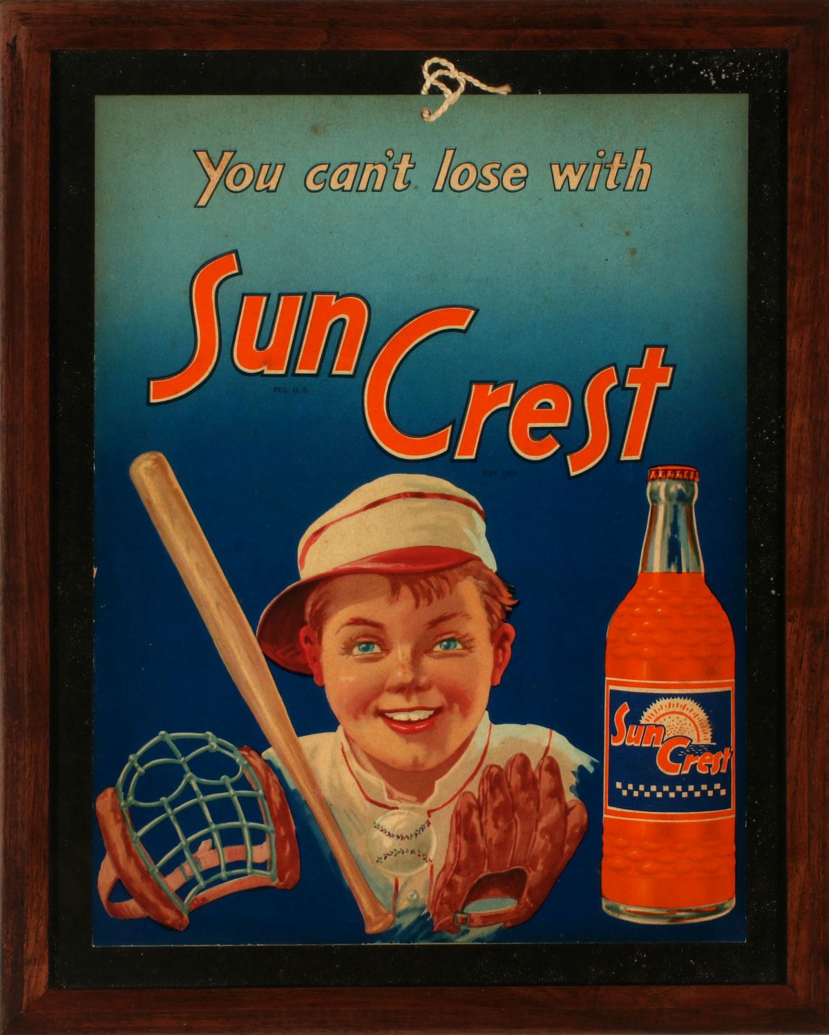 A SCARCE ADVERTISING PLACARD FOR SUN CREST SODA, C 1930