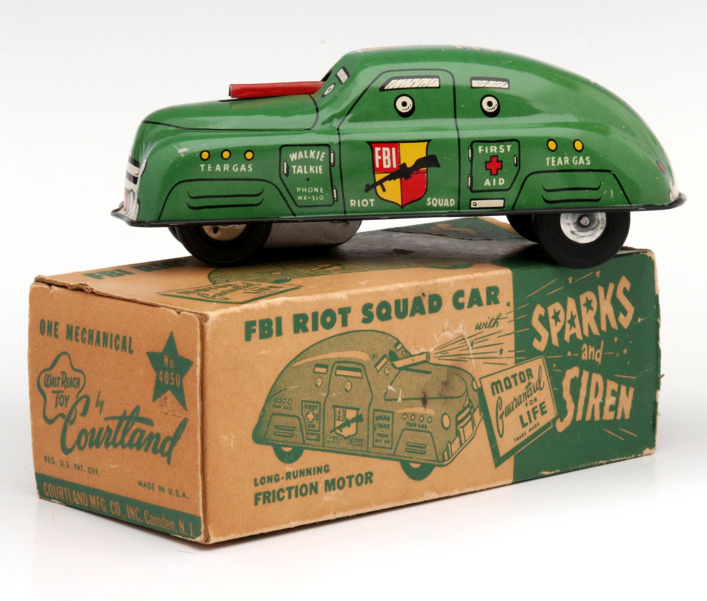 A MID 20TH C FBI RIOT SQUAD CAR TIN FRICTION TOY IN BOX