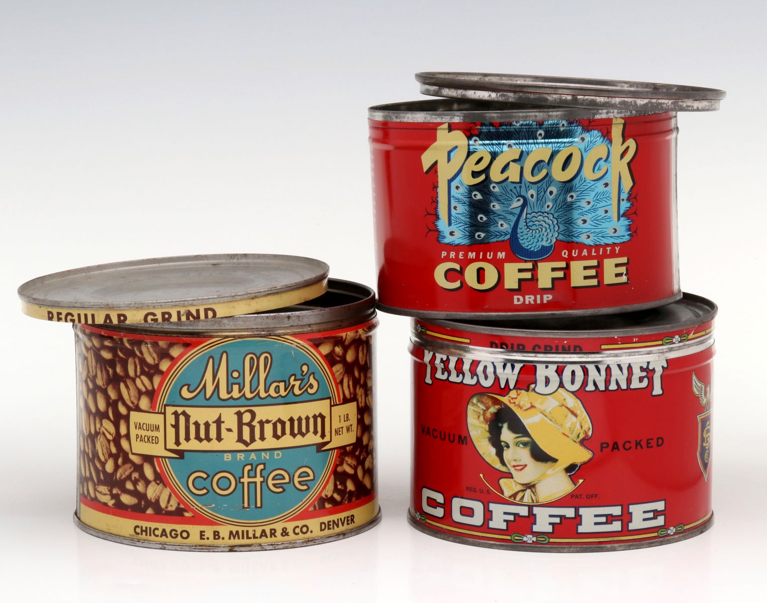 THREE COLORFUL ONE POUND COFFEE CANS