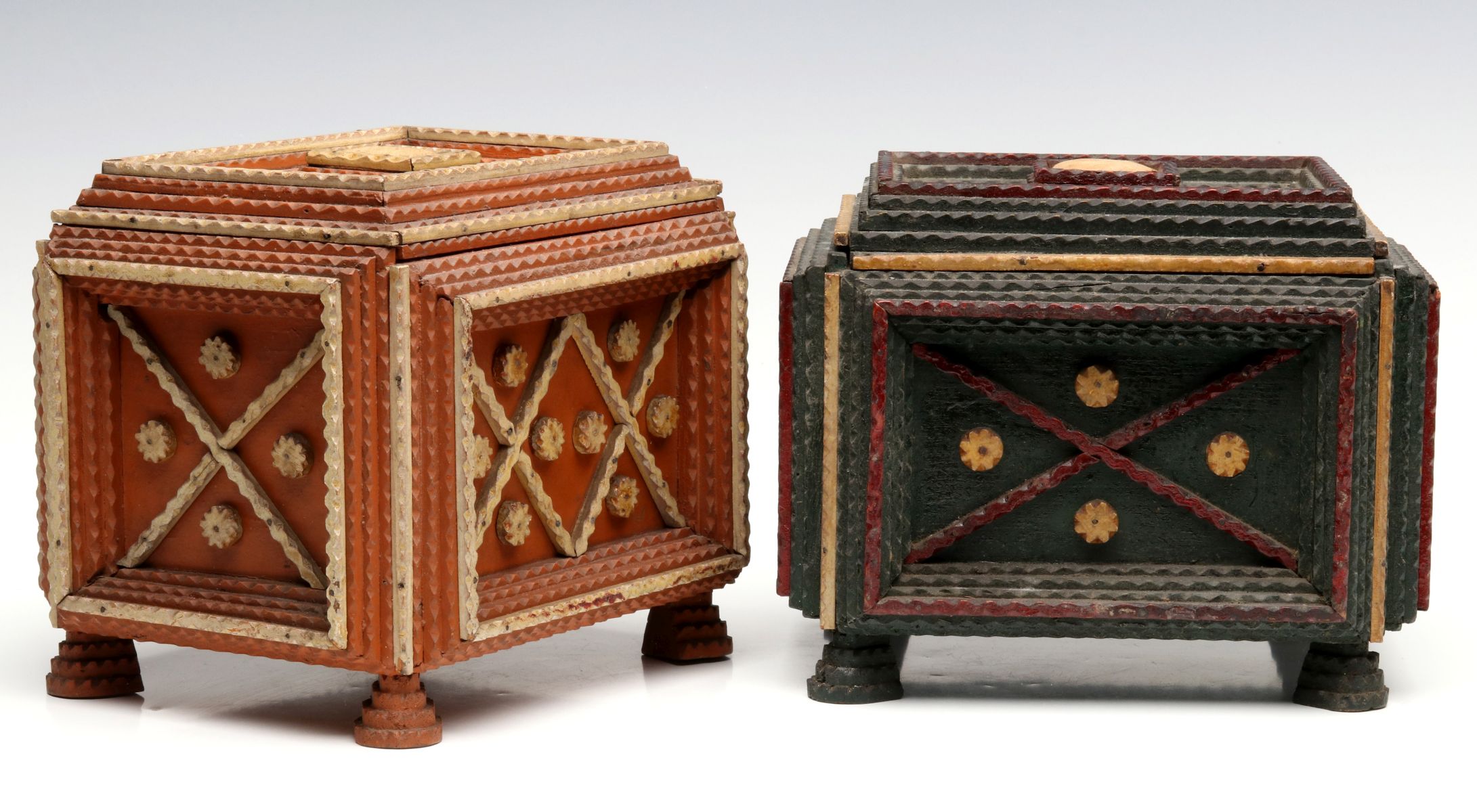 CIRCA 1910 TRAMP ART BOXES WITH OLD PAINT DECORATION