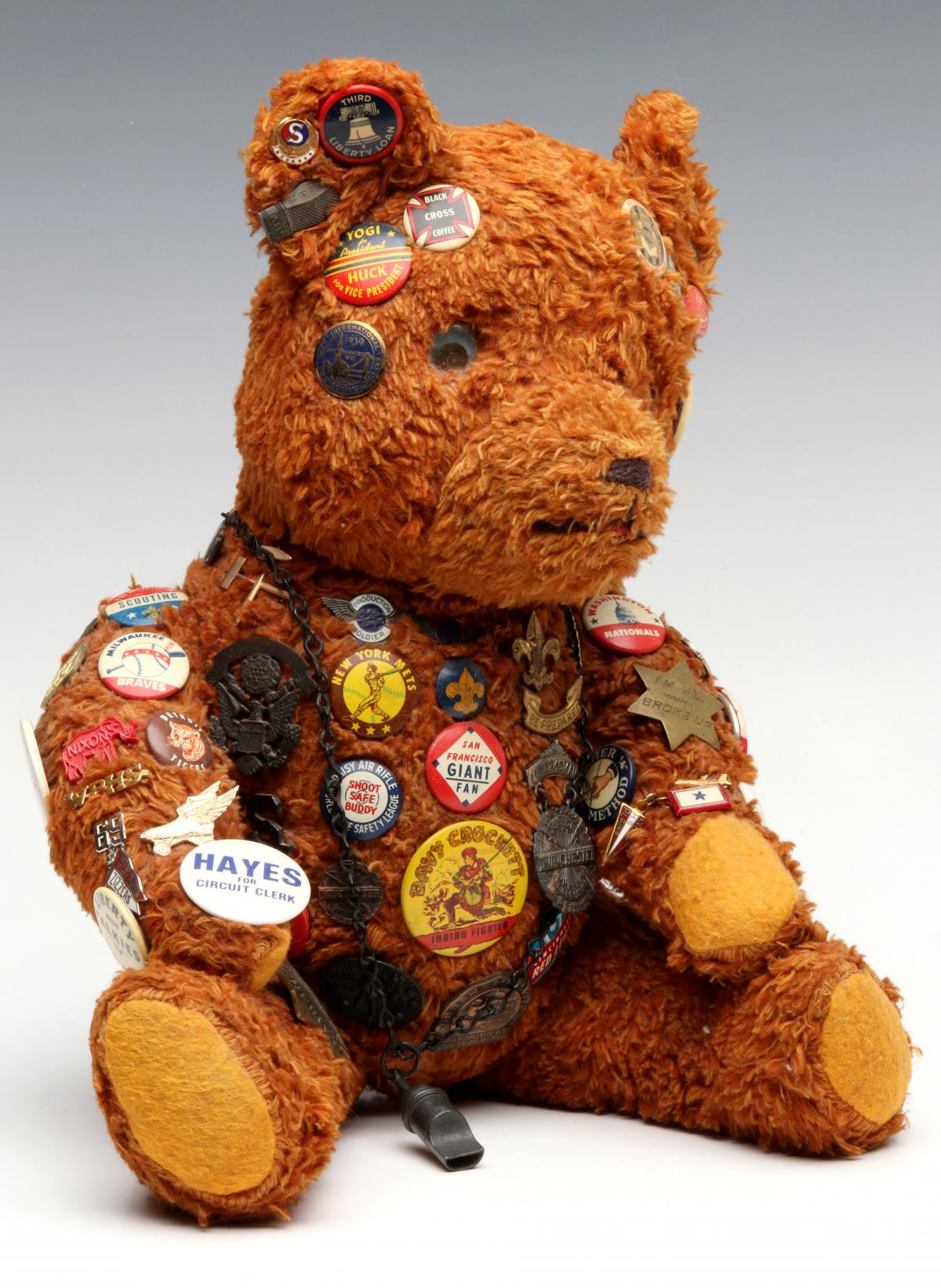 1940s TEDDY BEAR COVERED WITH PERIOD BUTTONS & BADGES