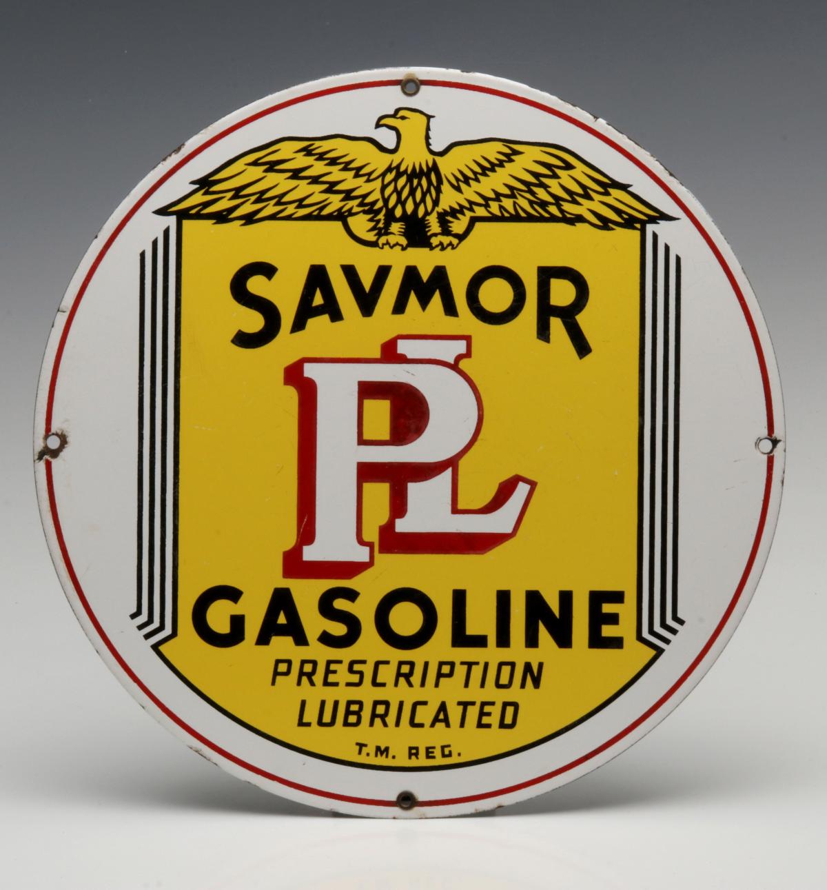 A SAVMOR GASOLINE ENAMEL ADVERTISING SIGN