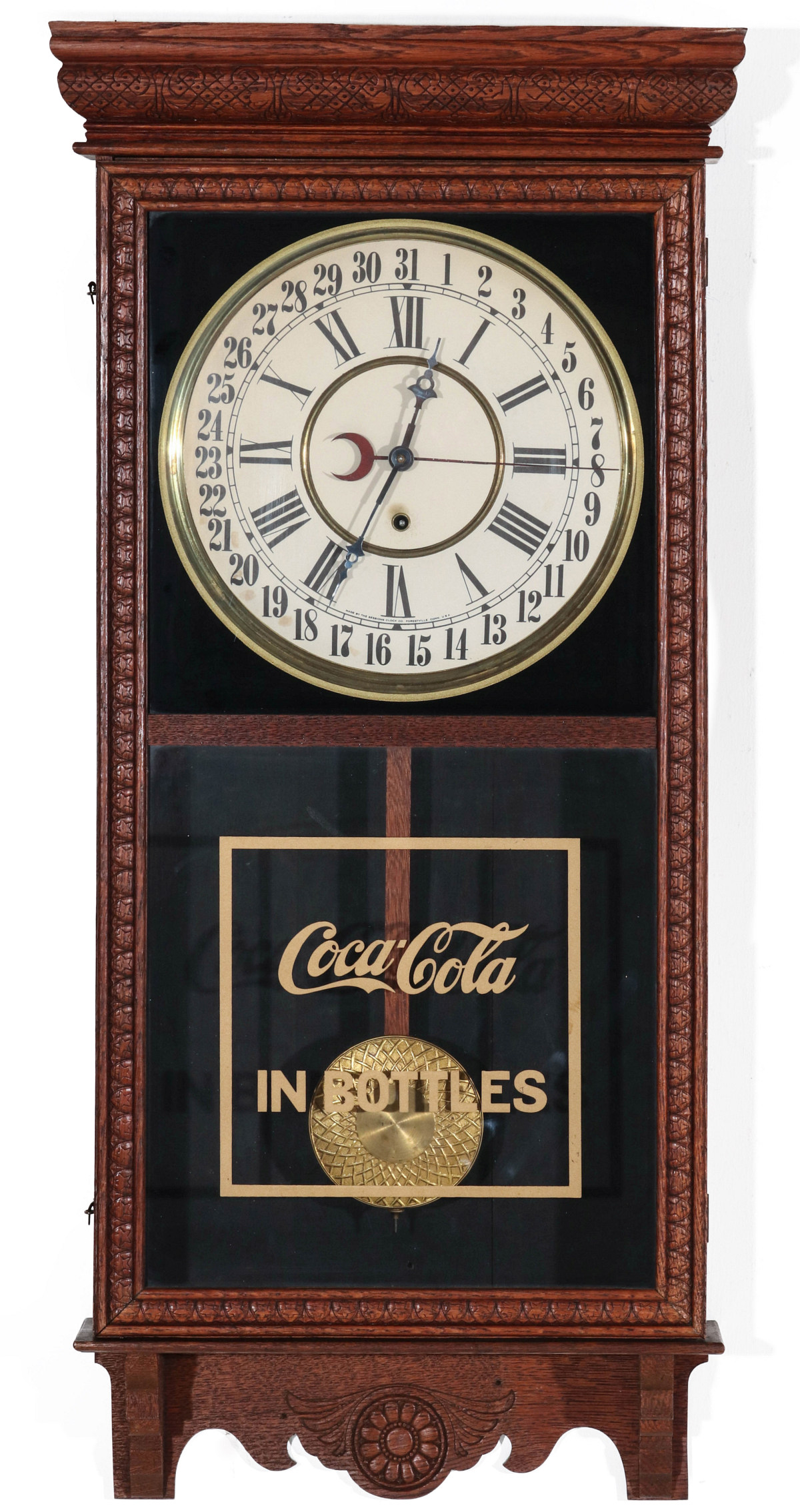 AN INGRAHAM CALENDAR CLOCK WITH COCA-COLA ADVERTISING