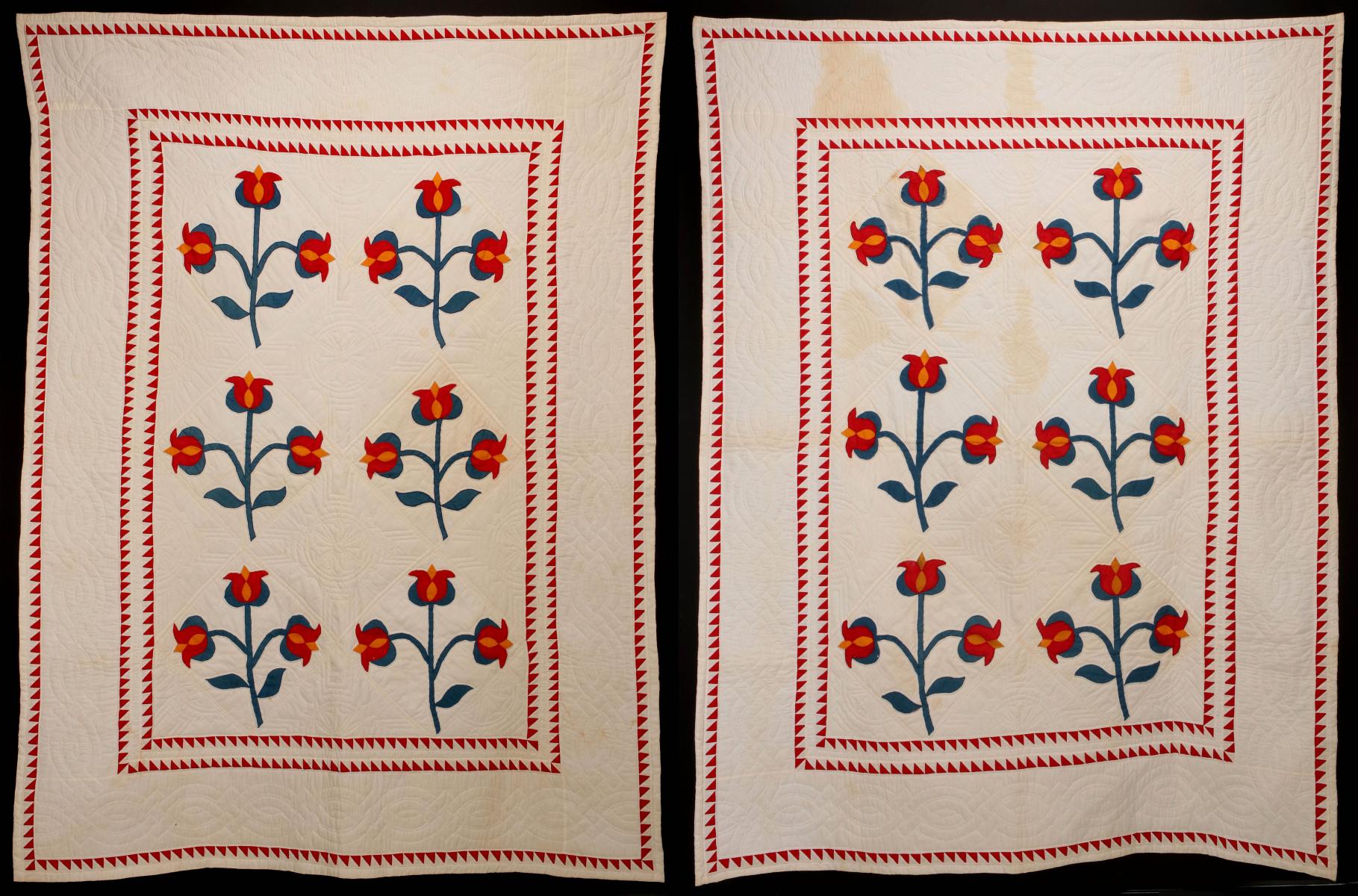 A PAIR OF TWIN SIZE TULIP APPLIQUE QUILTS
