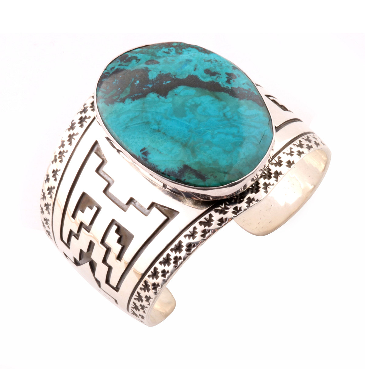 A NAVAJO STERLING & TURQUOISE CUFF SIGNED E & M TELLER