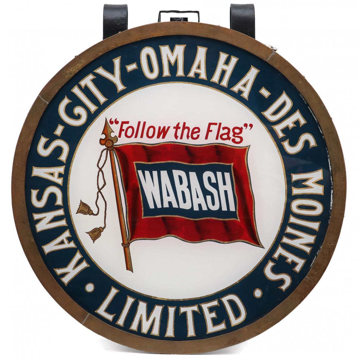 A GOOD ORIGINAL WABASH RR REVERSE PAINTED DRUMHEAD SIGN