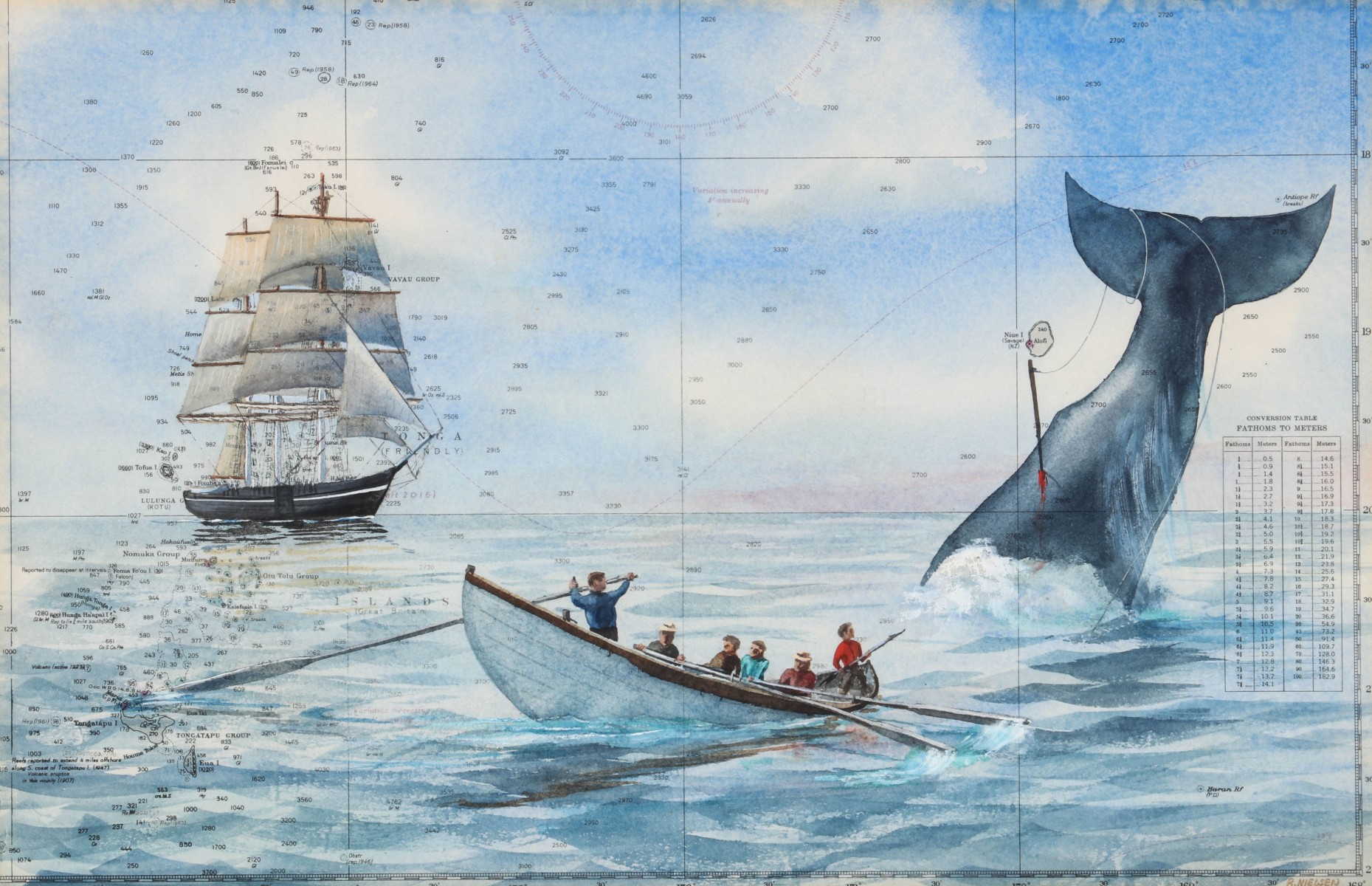 A WHALING SCENE WATERCOLOR ON MAP SHEET SIGNED NIELSEN