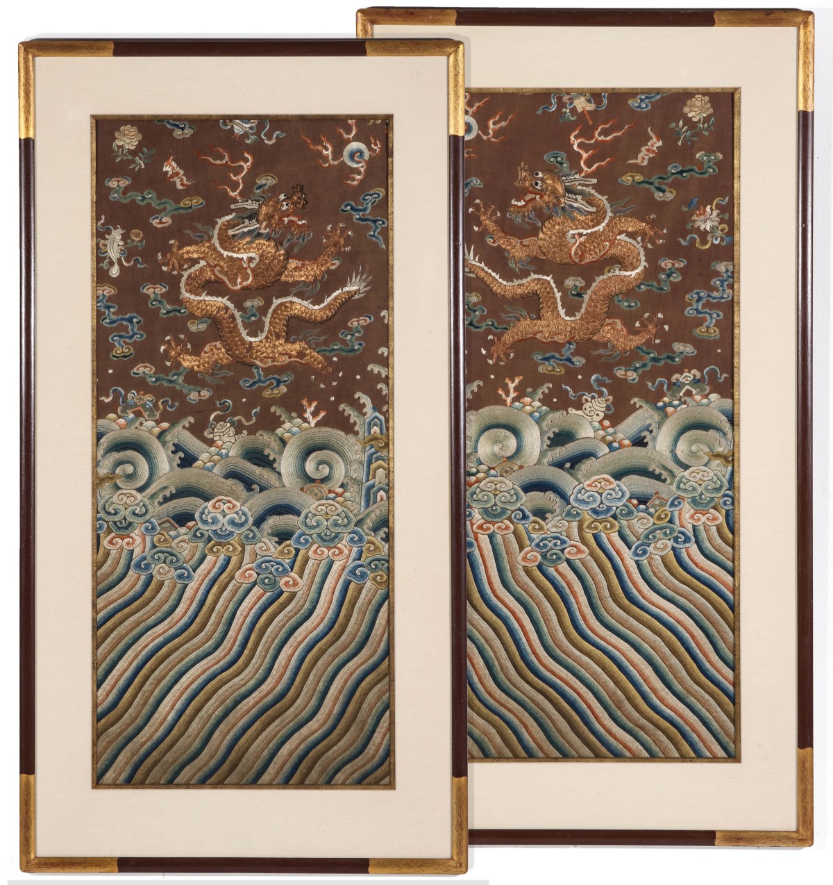 A PAIR OF ELABORATELY EMBROIDERED CHINESE SILK PANELS