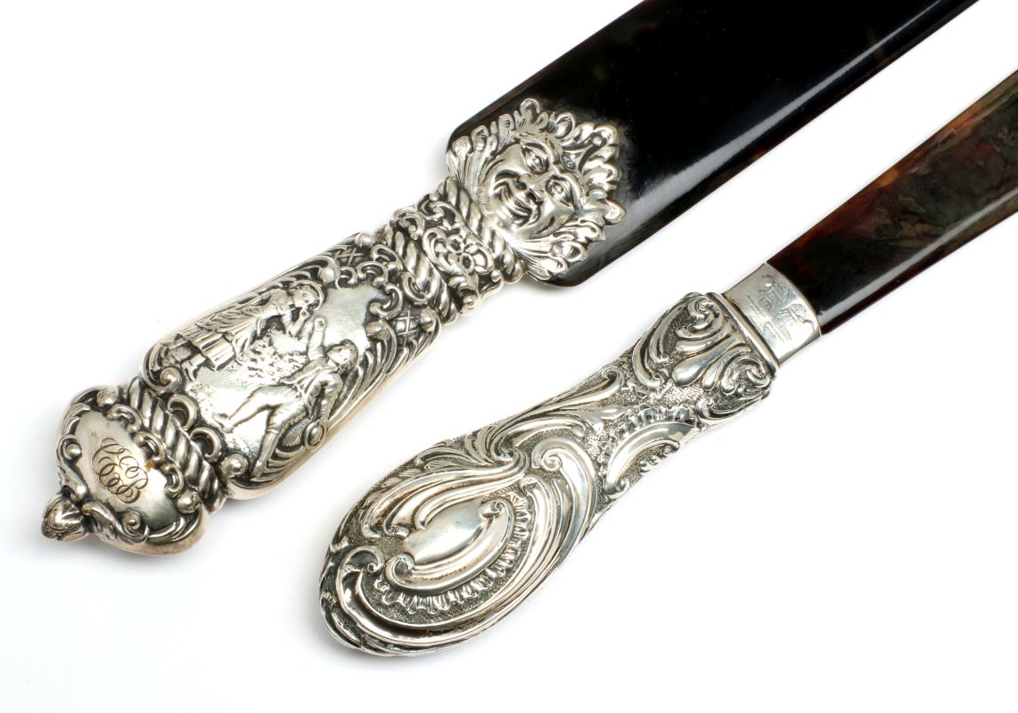 TWO ORNATE 19TH C STERLING AND TORTOISE PAGE TURNERS