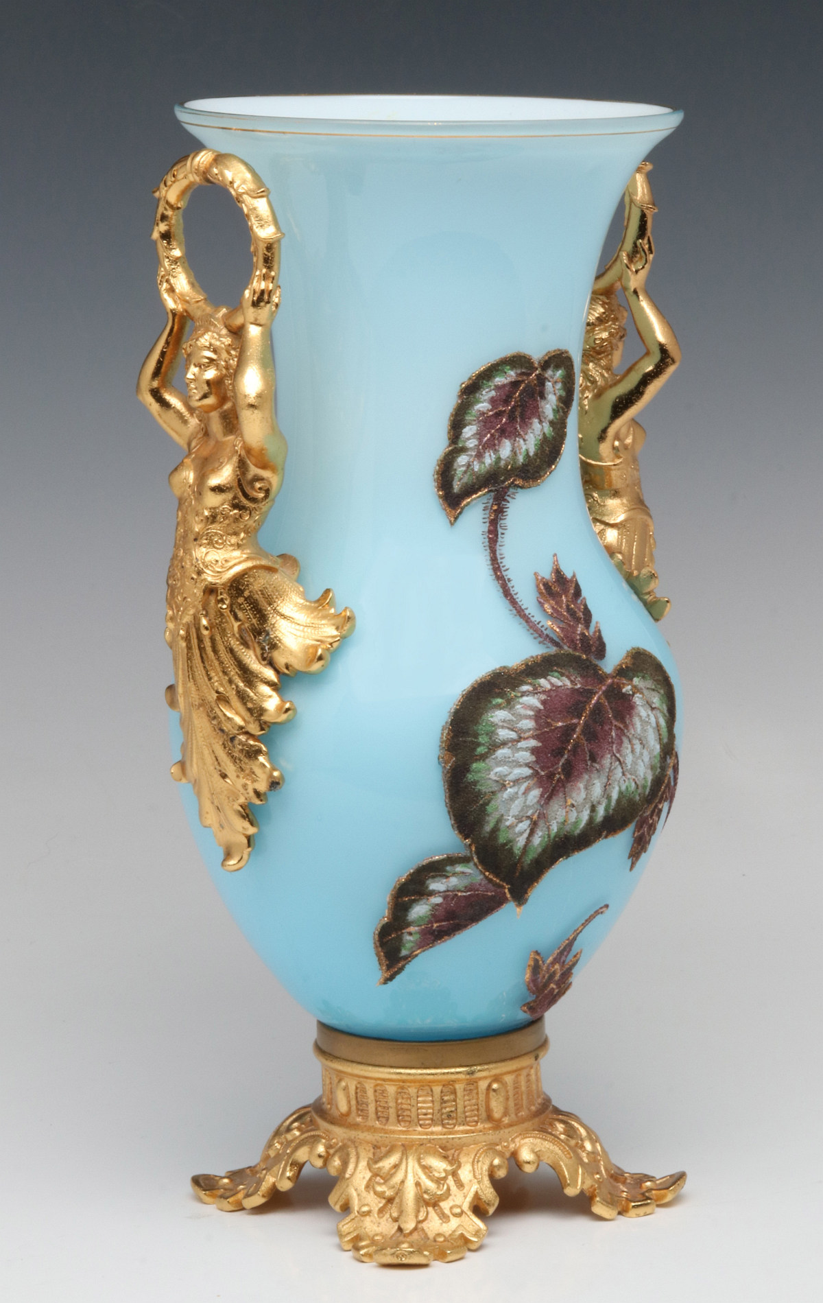 A 20TH C. FRENCH OPALINE VASE WITH DORE' AND CORALENE