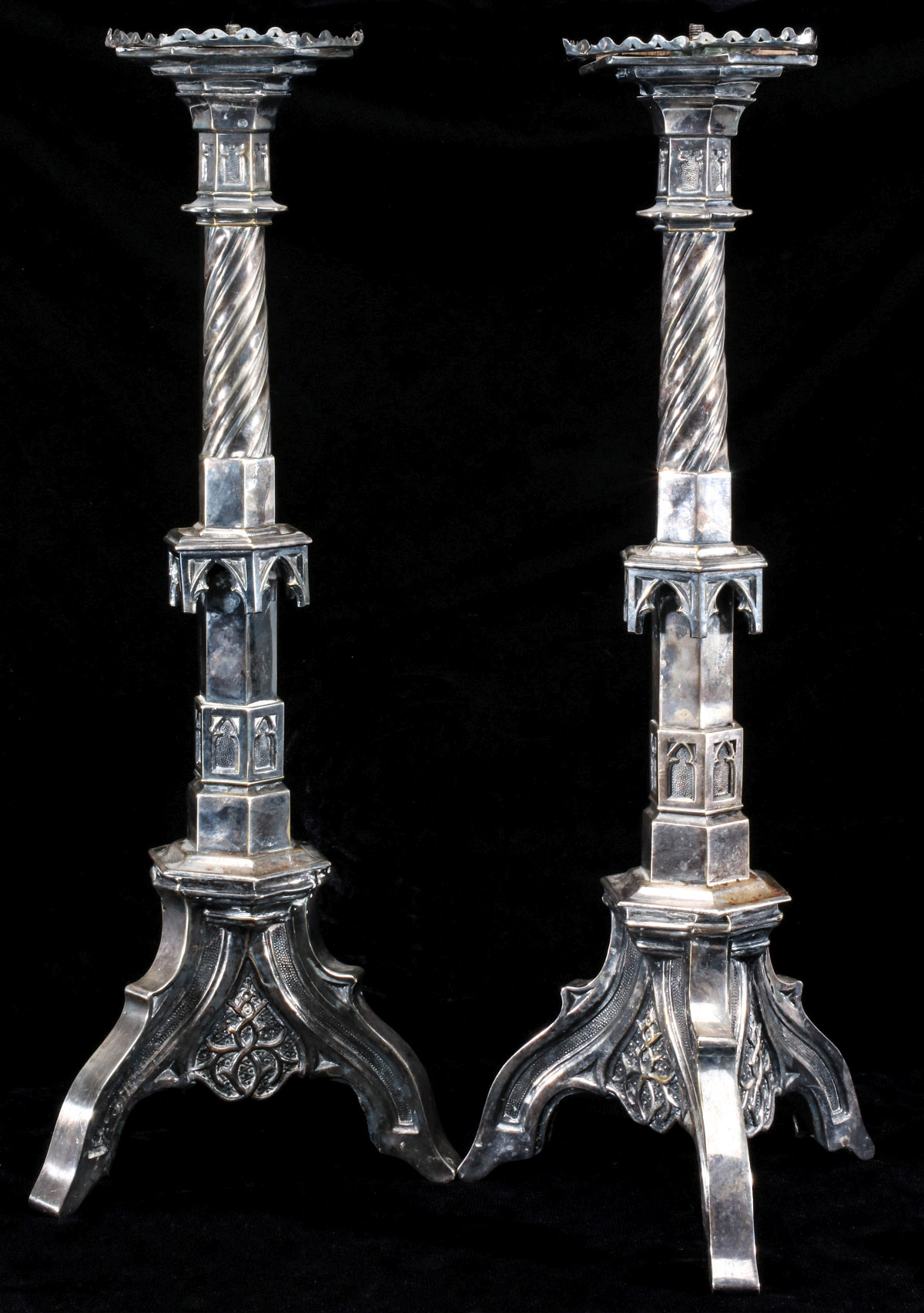 A PAIR 19TH C. GOTHIC STYLE SILVER-PLATED ALTAR STICKS