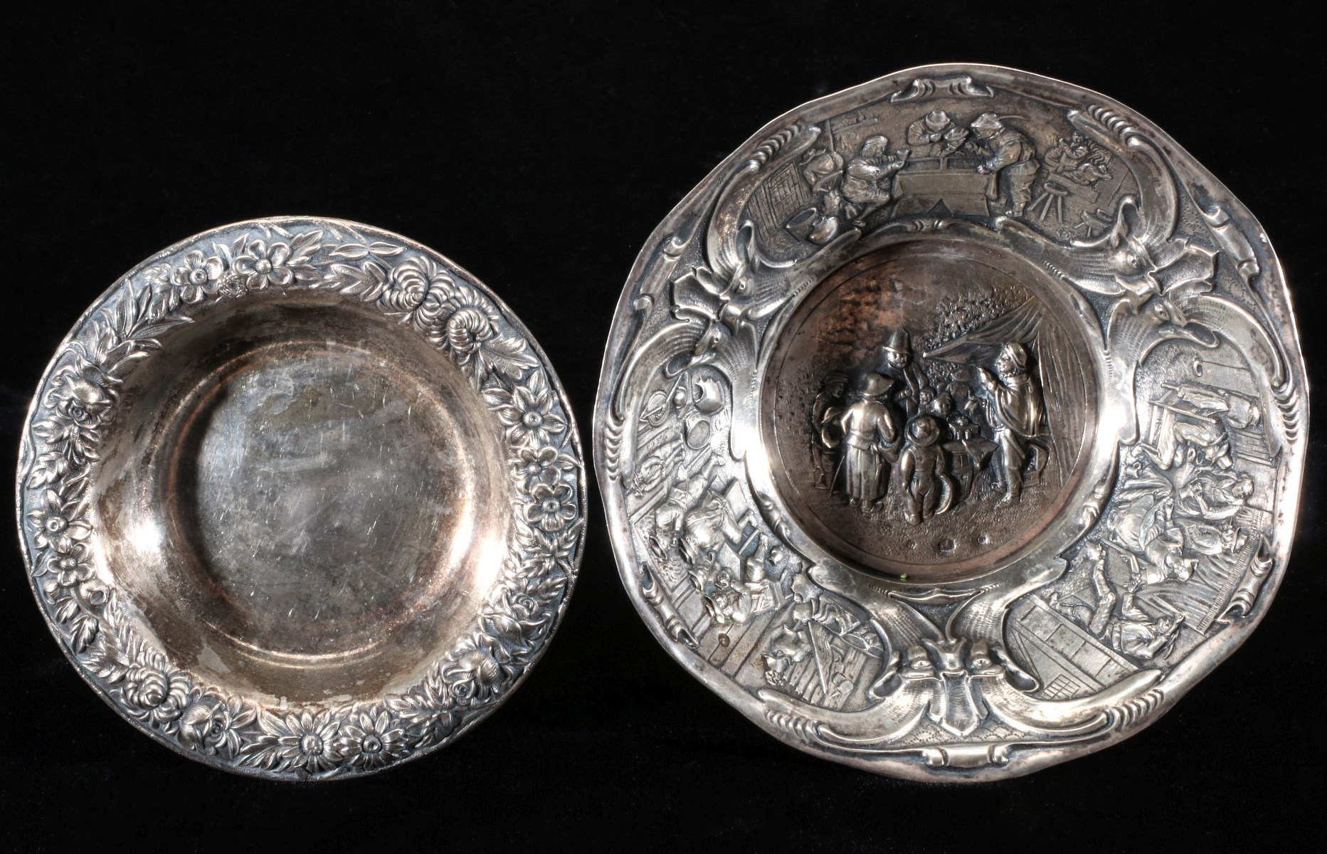 R. KIRK AND CONTINENTAL SILVER ORNATE REPOUSSE BOWLS