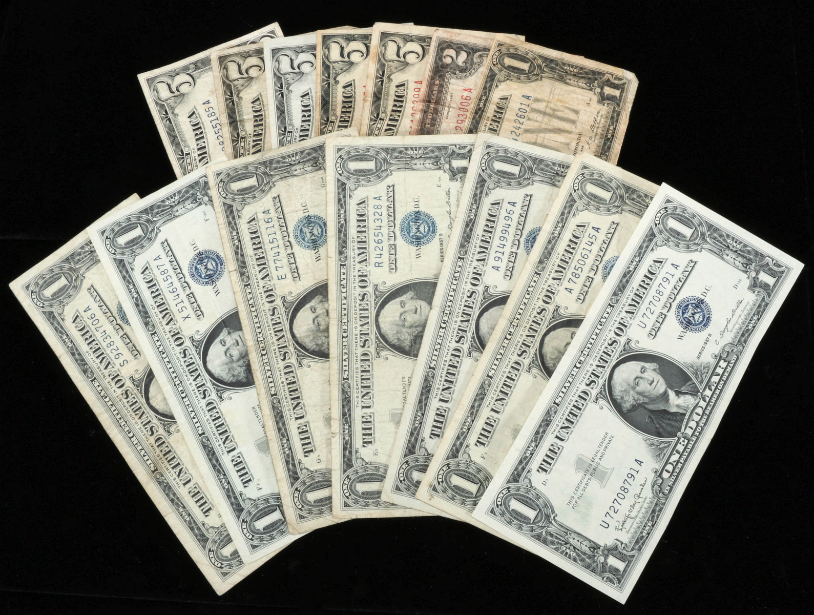 RED AND BLUE SEAL U.S. $1 $2 $5 SILVER CERTIFICATES