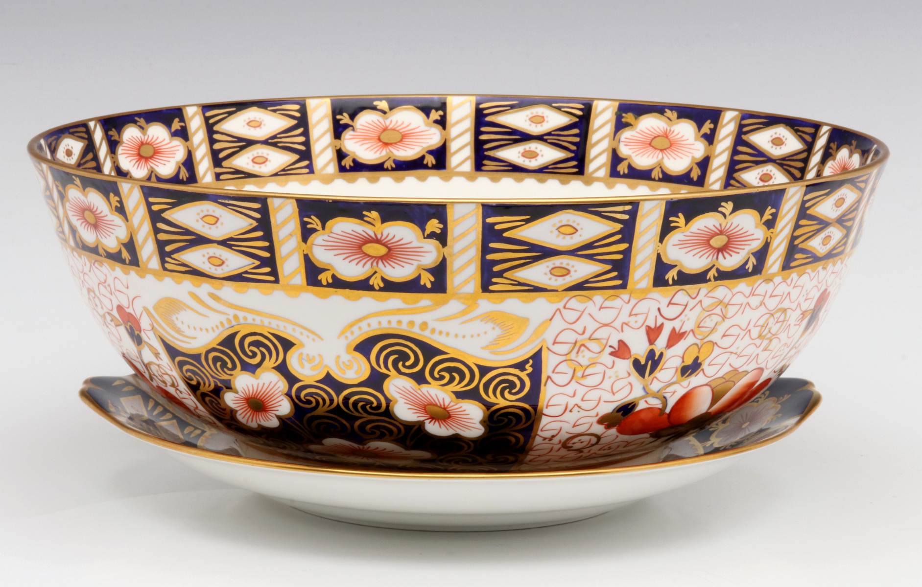 LARGE ROYAL CROWN DERBY BOWL WITH HANDLED PLATE