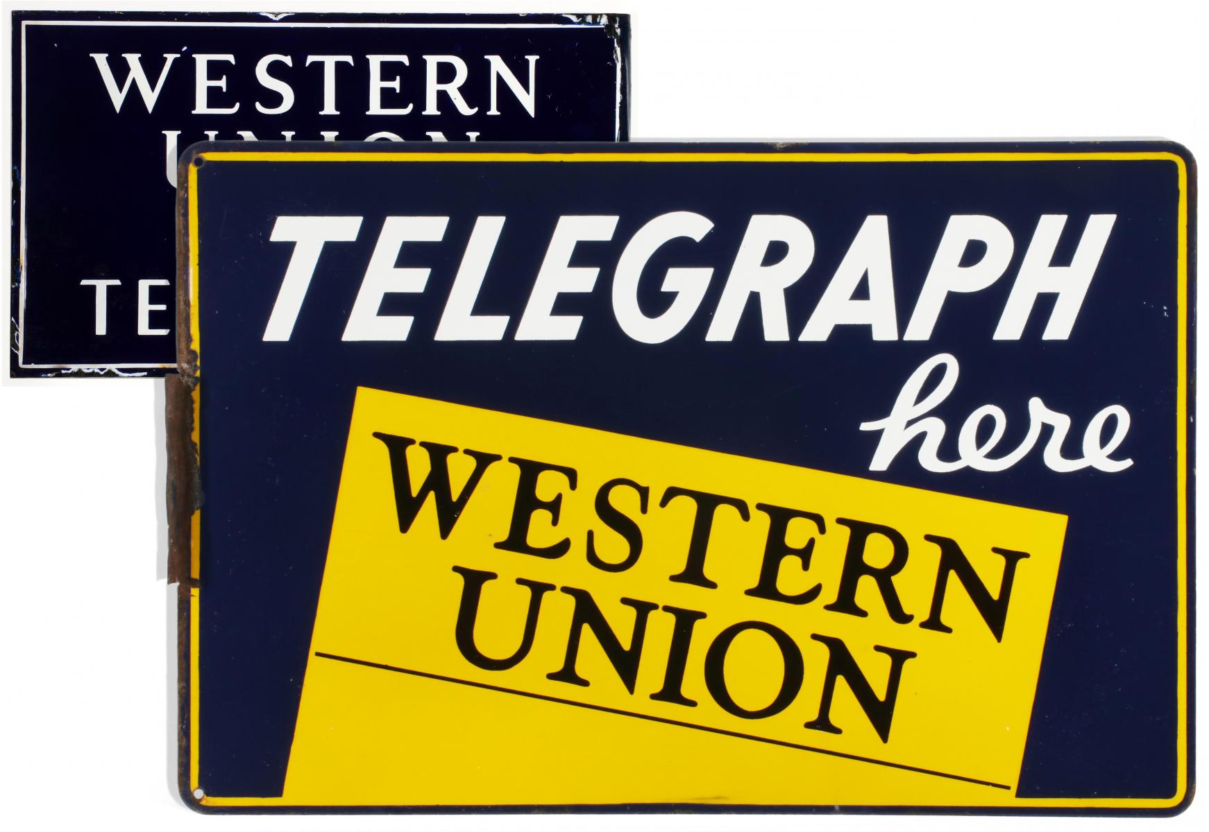 TWO WESTERN UNION PORCELAIN ENAMEL ADVERTISING SIGNS
