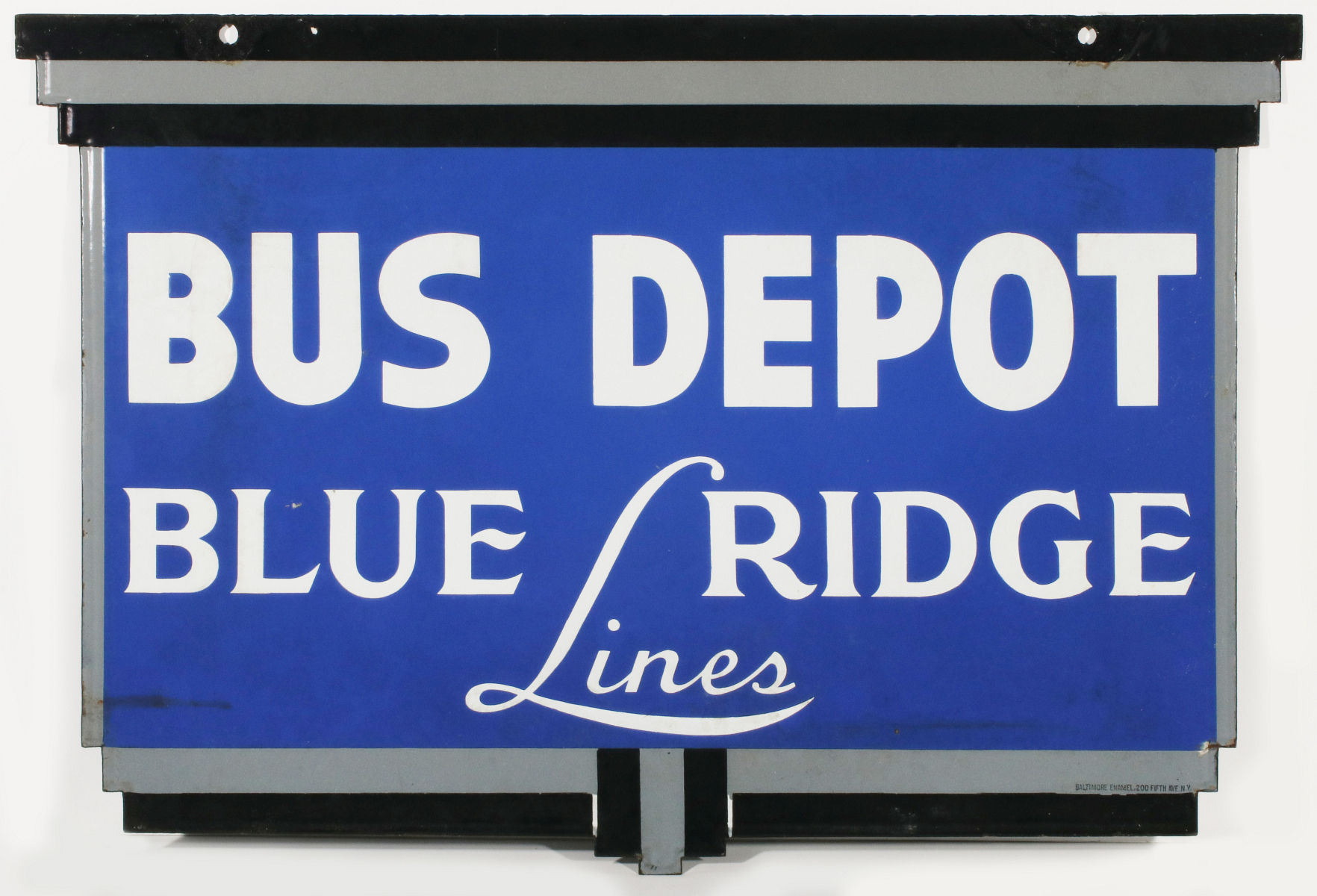A RARE ART DECO 'BLUE RIDGE BUS LINES' PORCELAIN SIGN