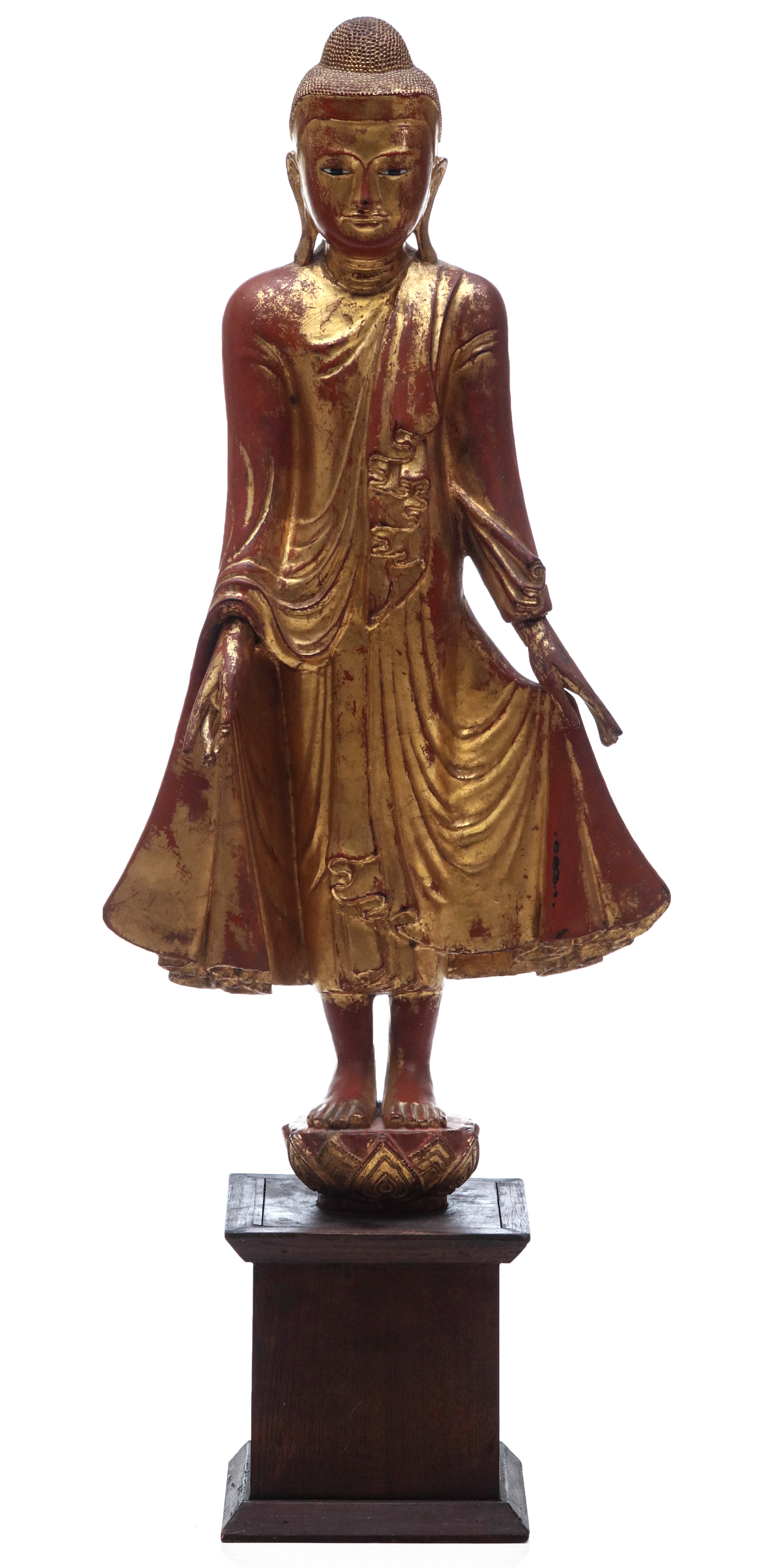 A 47-INCH CARVED AND GILDED WOOD FIGURE OF BUDDHA
