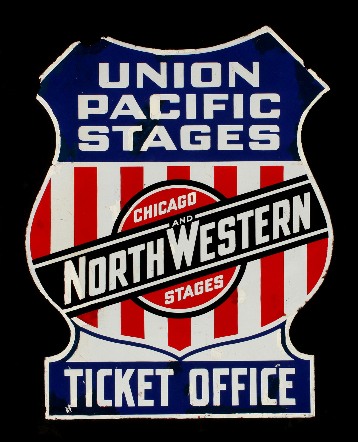 A UNION PACIFIC STAGES PORCELAIN SIGN WITH CNW LOGO