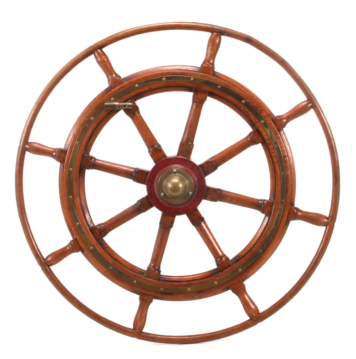 A GOOD 19TH CENTURY OAK SHIP'S WHEEL WITH RED IRON HUB
