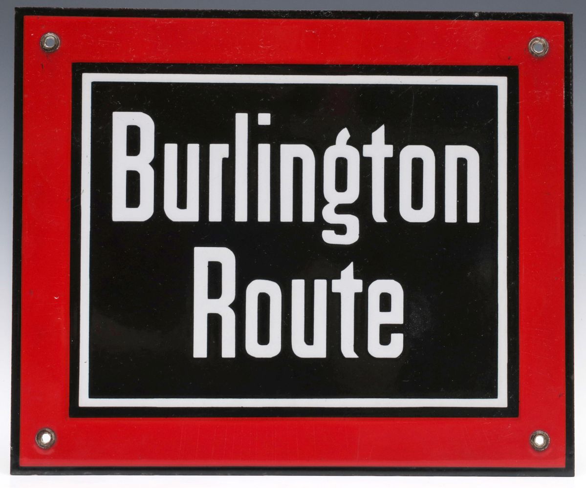 A PORCELAIN ENAMEL BURLINGTON ROUTE RAILROAD SIGN