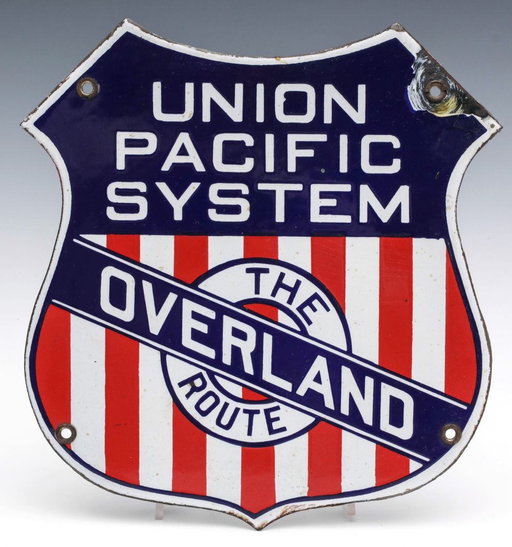 A UNION PACIFIC SYSTEMS OVERLAND ROUTE PORCELAIN SIGN