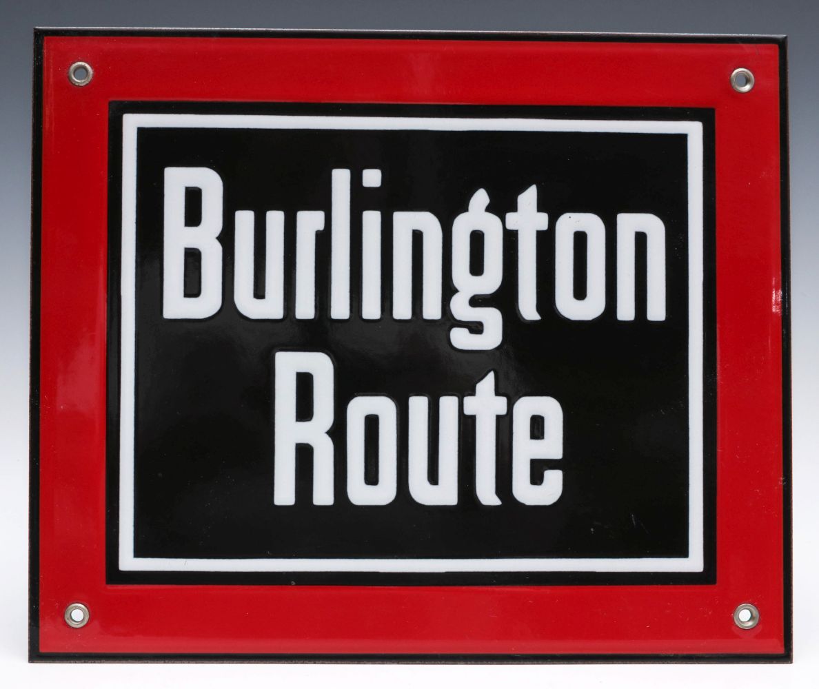 A BURLINGTON ROUTE PORCELAIN ENAMEL RAILROAD SIGN