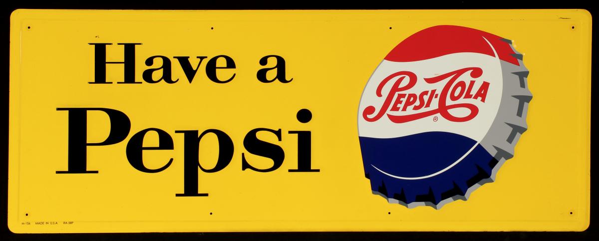 A 'HAVE A PEPSI' TIN ADVERTISING SIGN WITH BOTTLE CAP