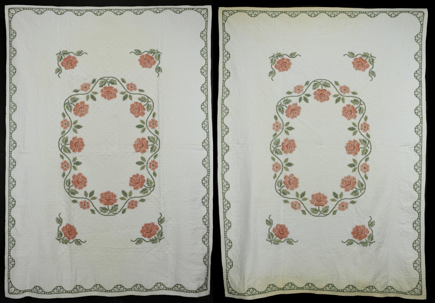TWO VINTAGE CROSS-STITCH EMBROIDERED QUILTS