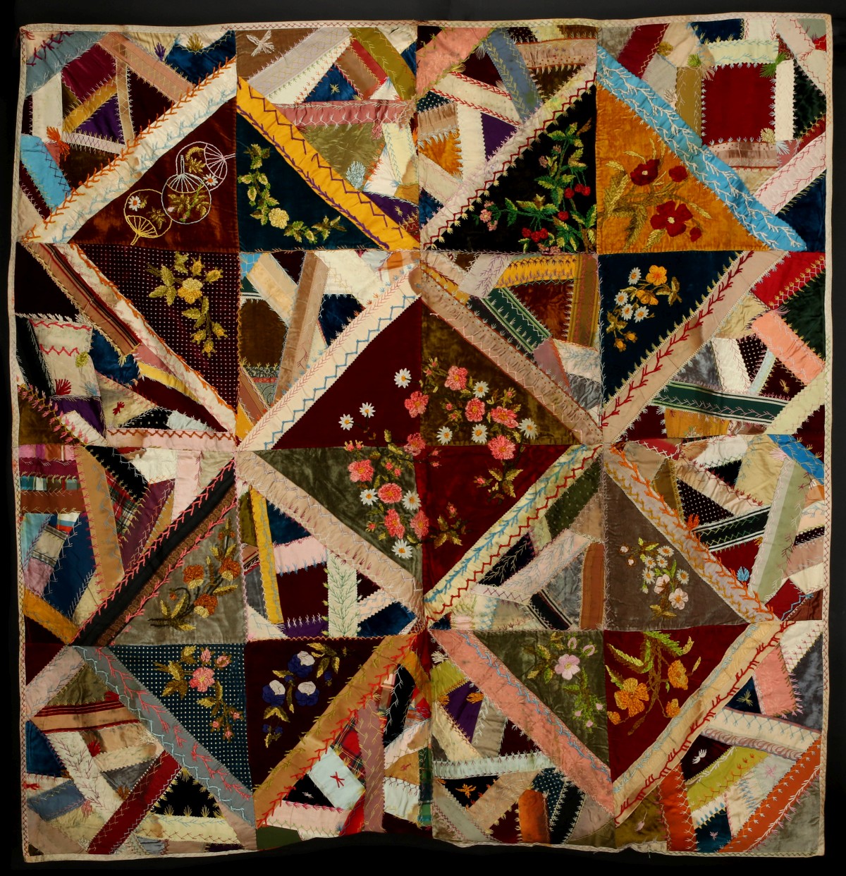 A 19TH CENTURY CRAZY QUILT WITH HEAVY EMBROIDERY