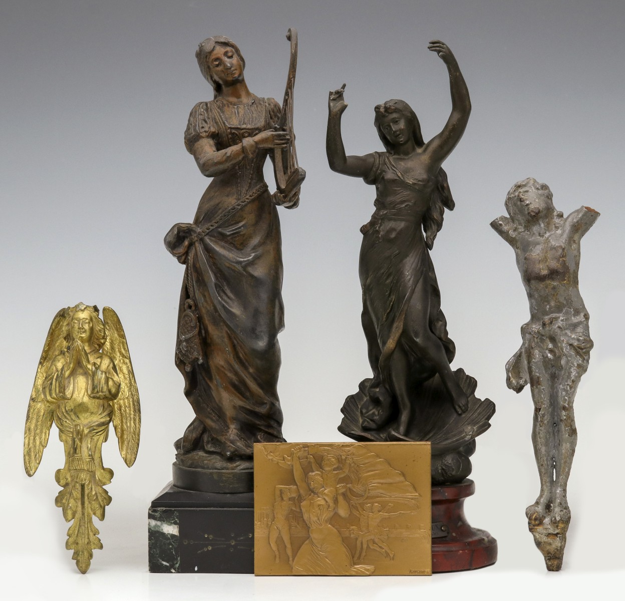 ANTIQUE BRONZE AND SPELTER FIGURES AND PLAQUE