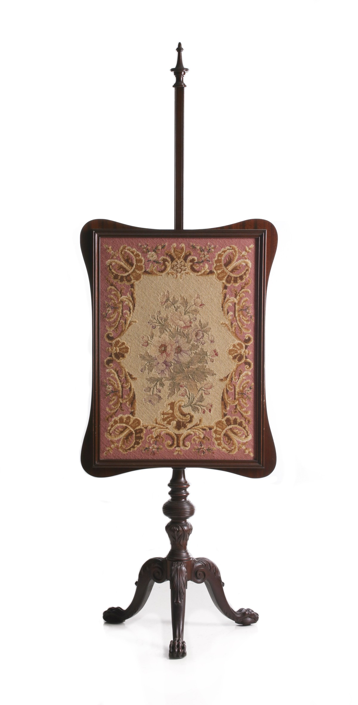 A 19TH C. MAHOGANY POLE FIRE SCREEN WITH PETTIPOINT