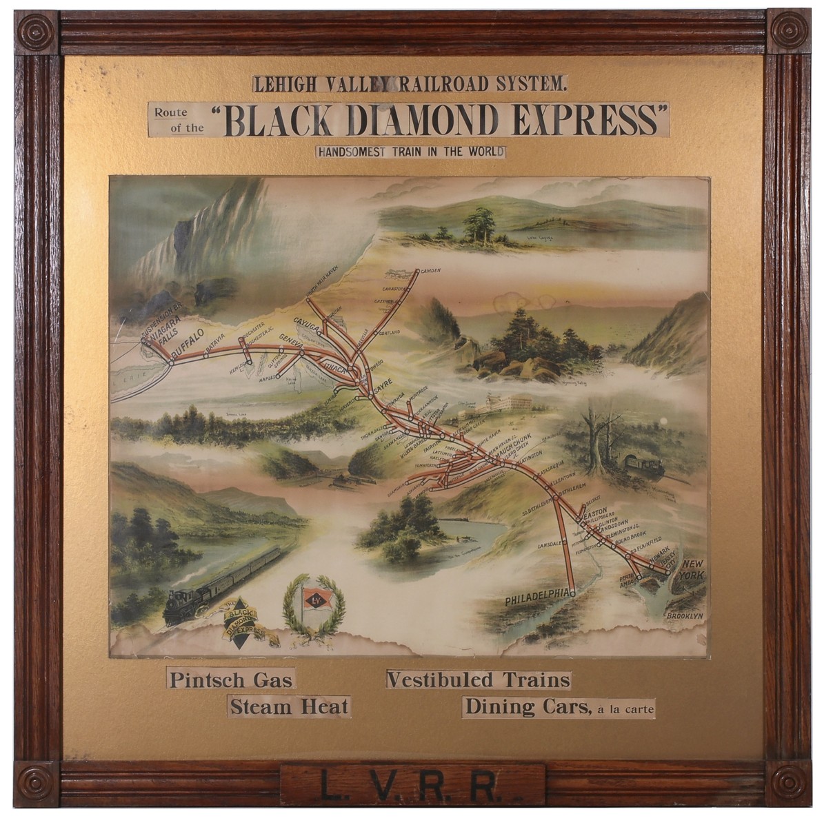 A L.V.R.R. BLACK DIAMOND EXPRESS FRAMED MAP, CA. 1915