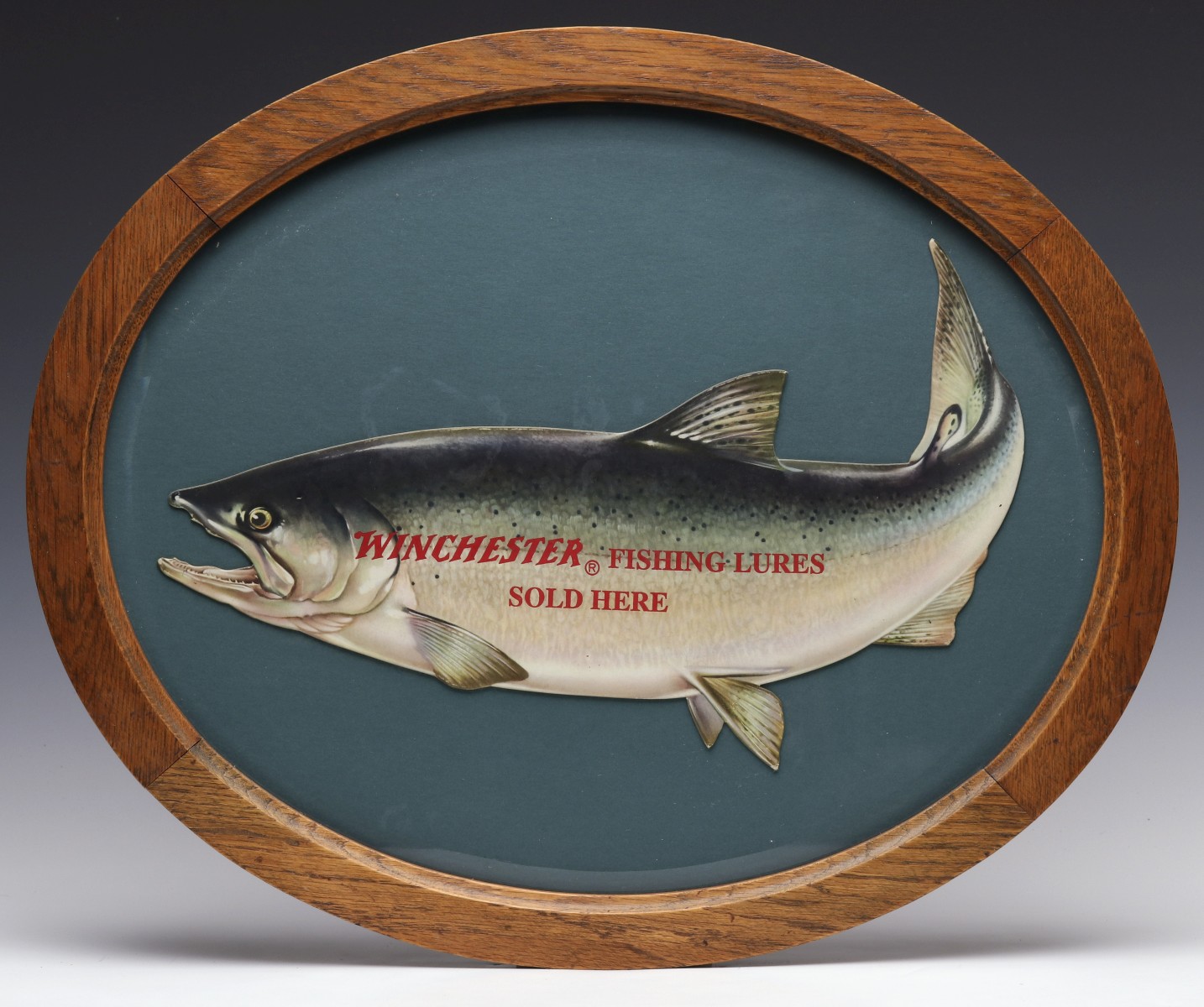 A GOOD WINCHESTER FISHING LURES DIE-CUT ADVERTISING SIGN