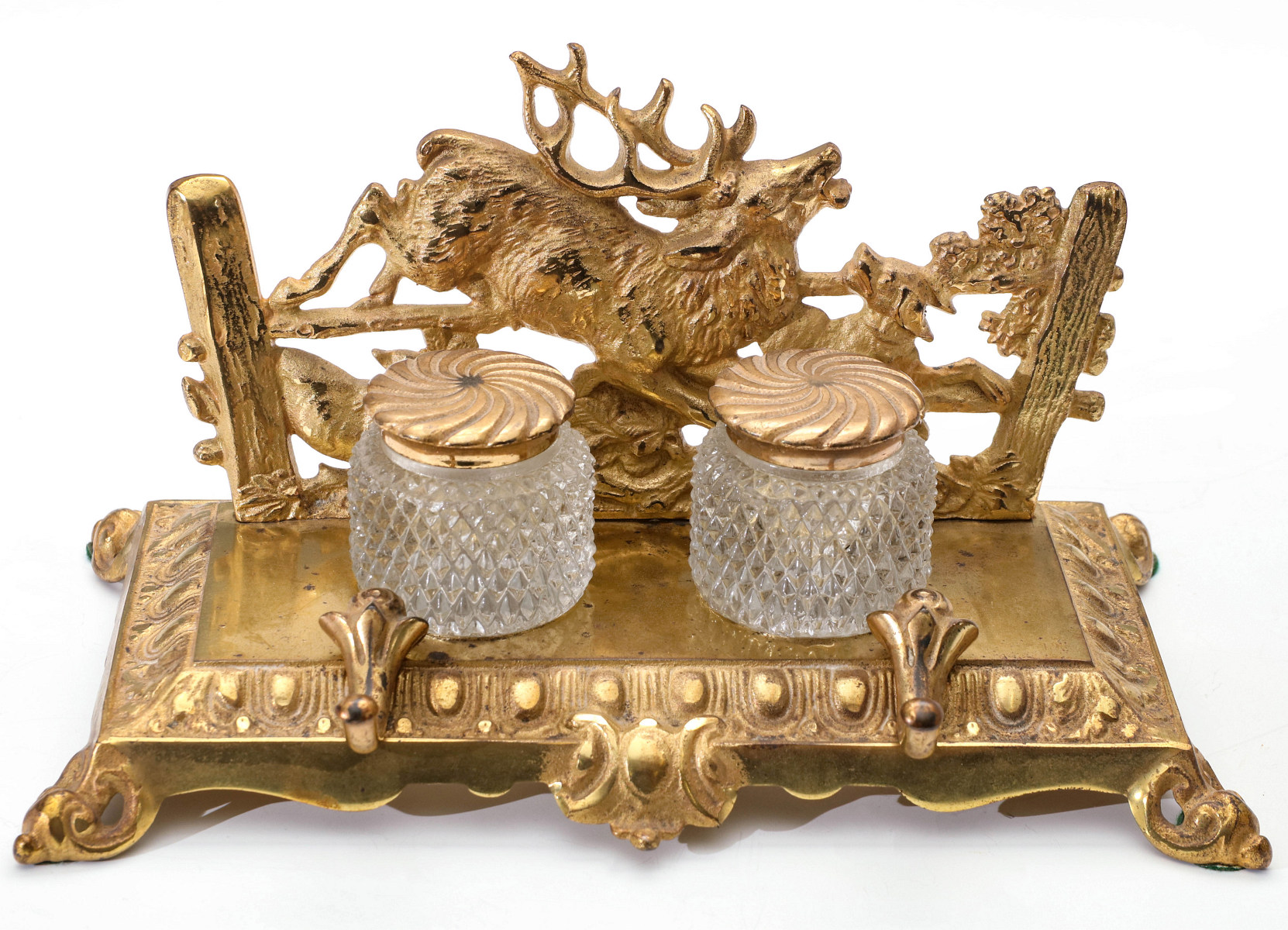 A GILT BRASS BRADLEY AND HUBBARD INKWELL WITH STAG