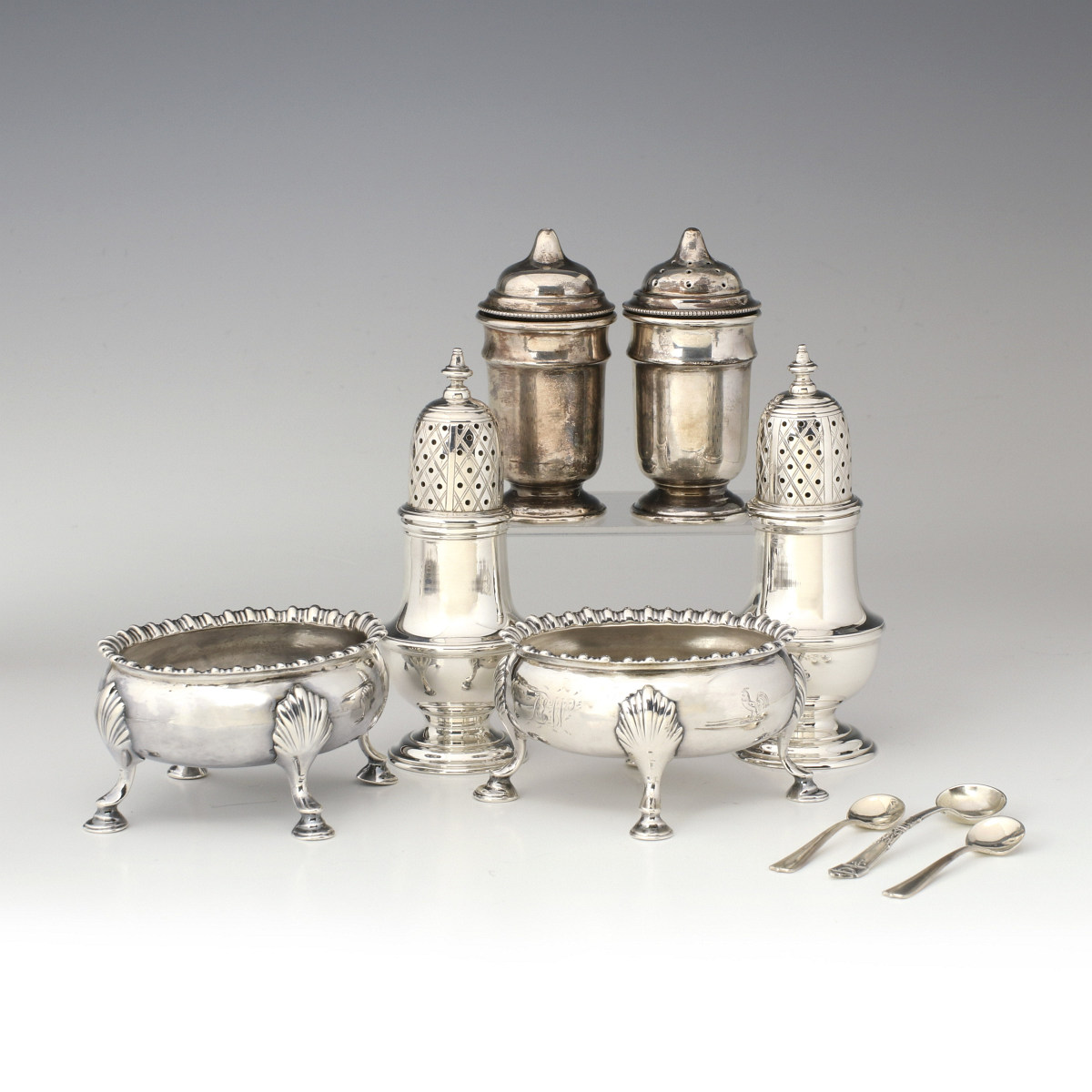 MID 20TH CENT STERLING SILVER SALT CELLARS AND SHAKERS