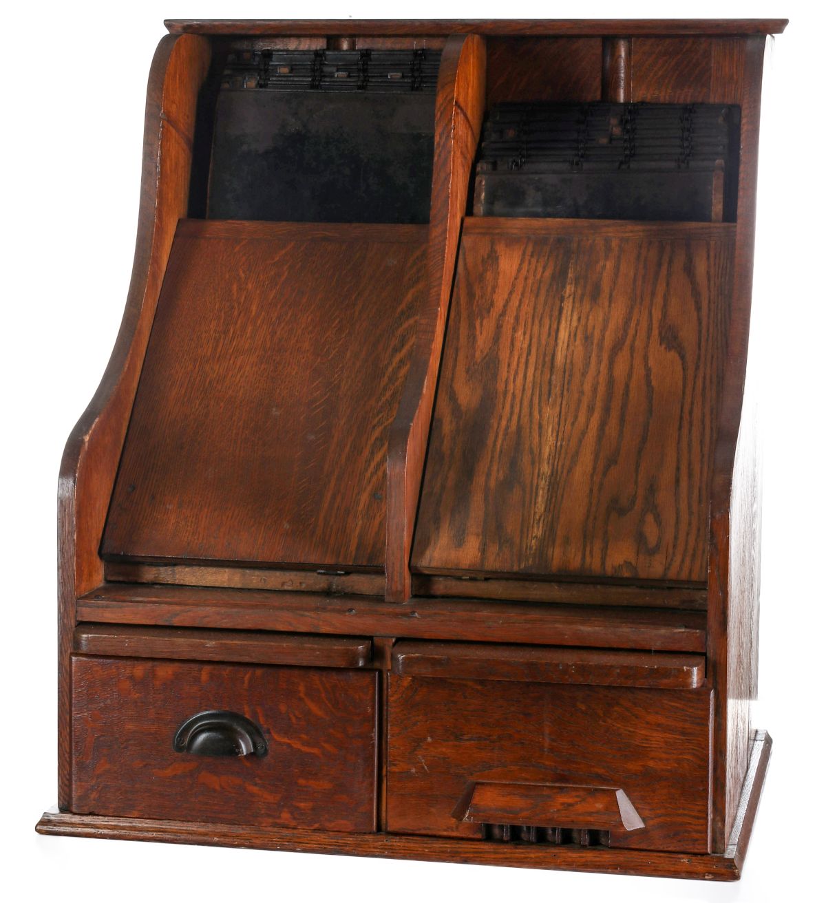 A TIGERED OAK COUNTER-TOP ACCOUNTING SYSTEM CIRCA 1880