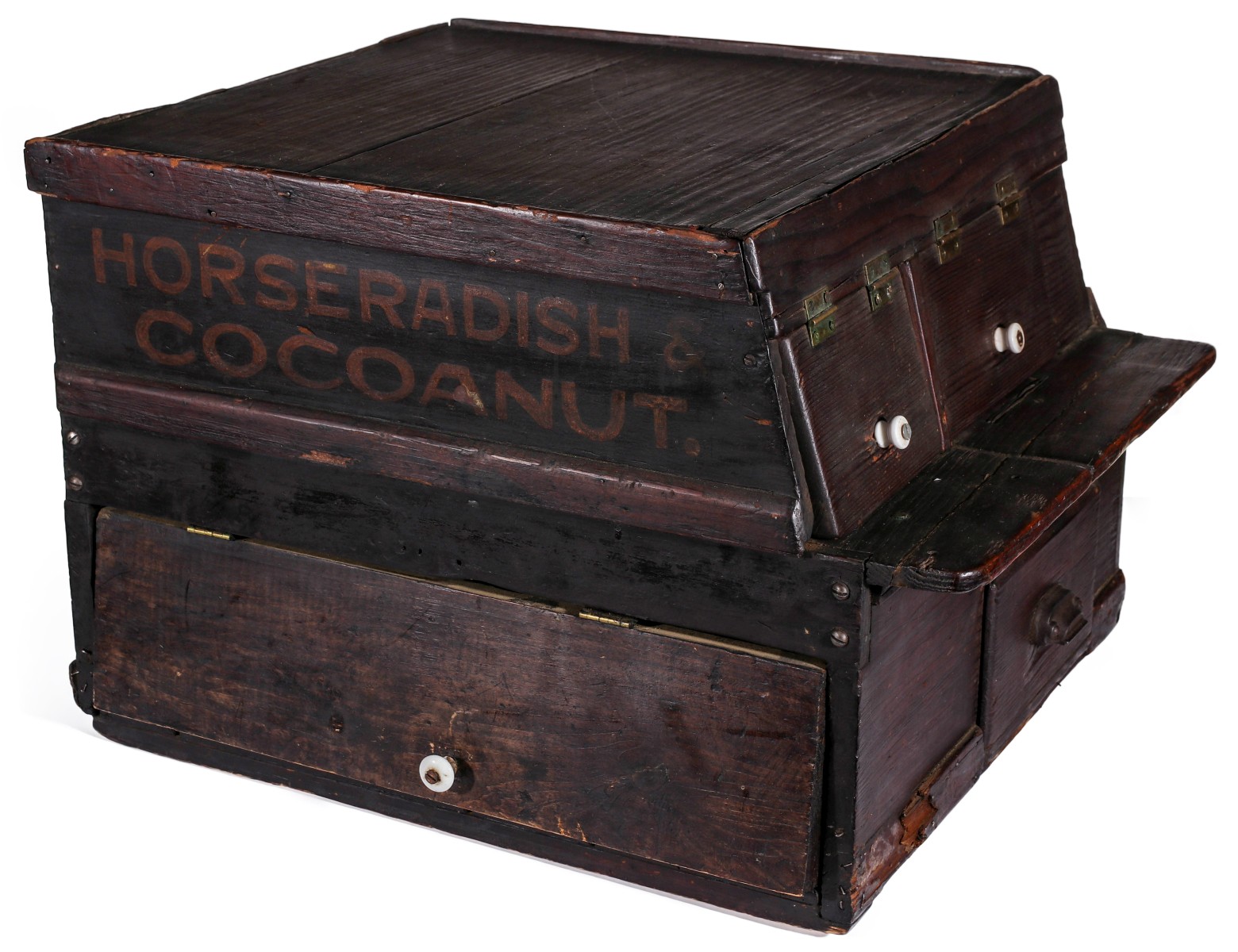 A PAINTED WOOD CONTAINER LETTERED HORSERADISH COCOANUT