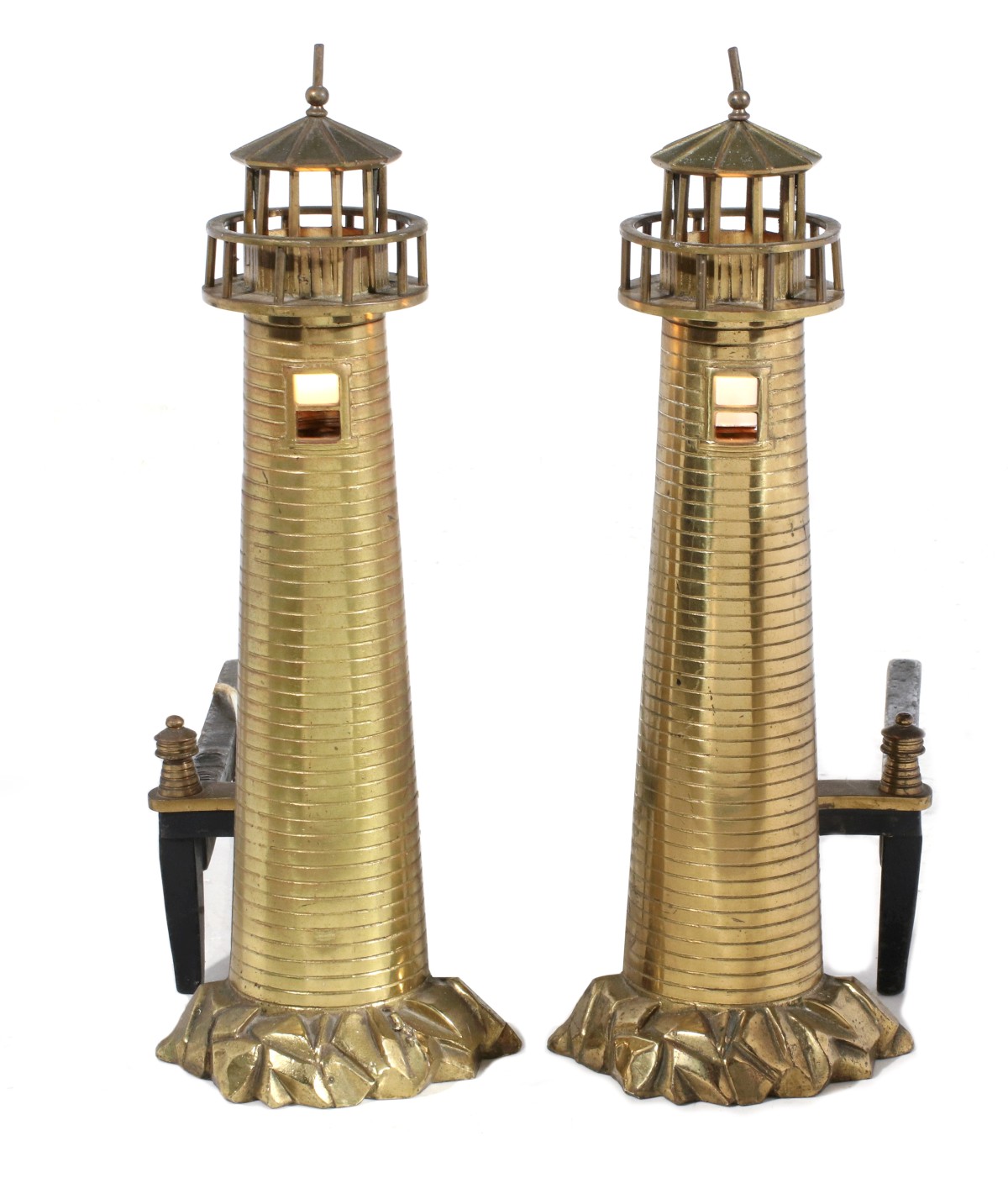 ROSTAND DETAILED CAST BRASS LIGHTHOUSE FORM ANDIRONS